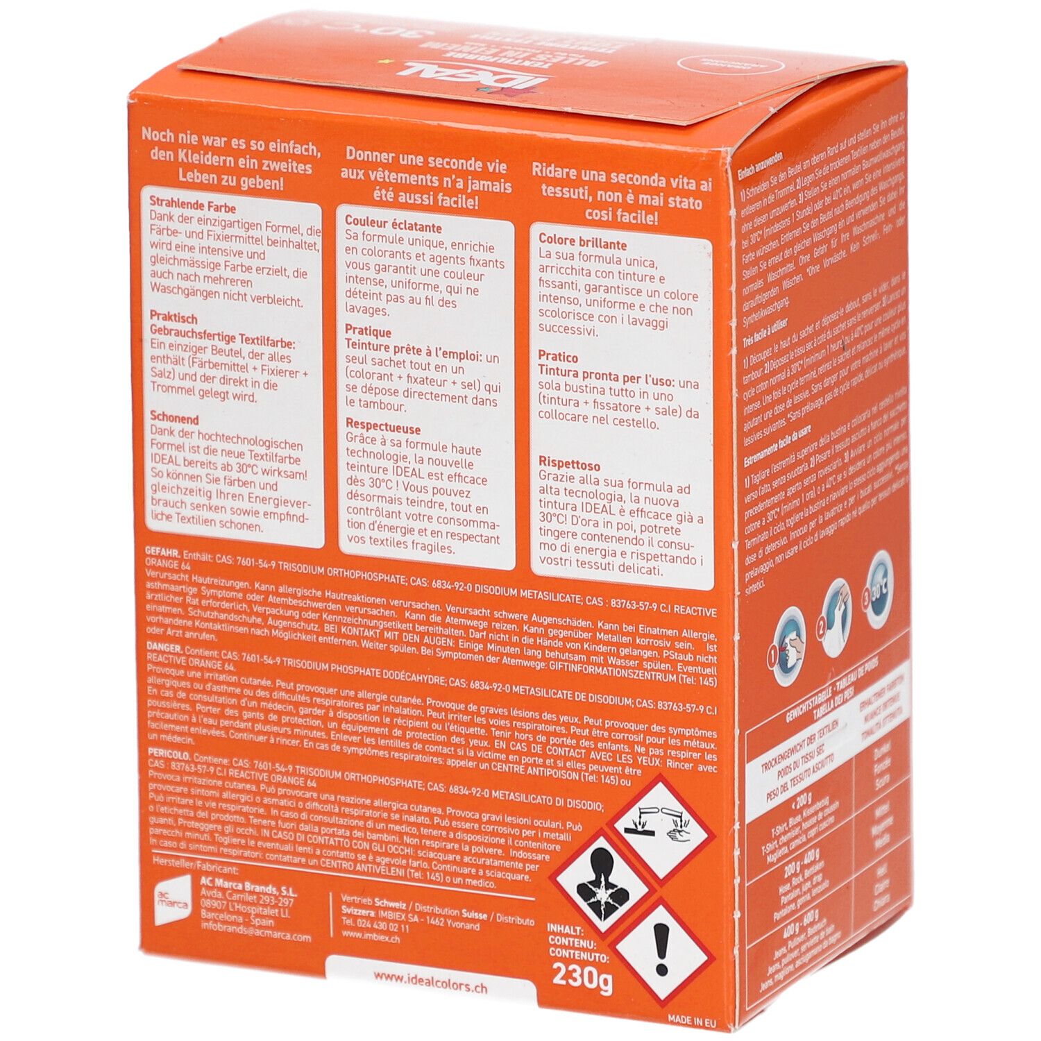 Dos de la boîte orange Ideal Textilfarbe. Texte multilingue. Symboles de danger et indication du contenu.
