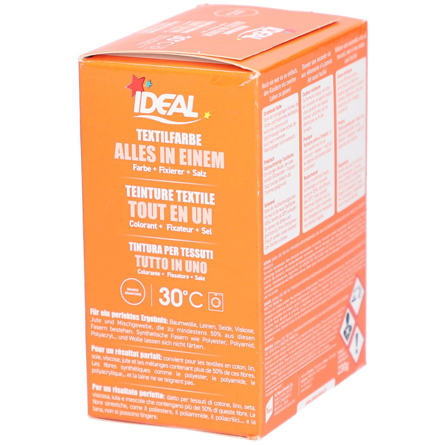 Boîte orange Ideal Textilfarbe. Inscriptions en allemand, français, italien. Symbole de machine à laver et 30°C.