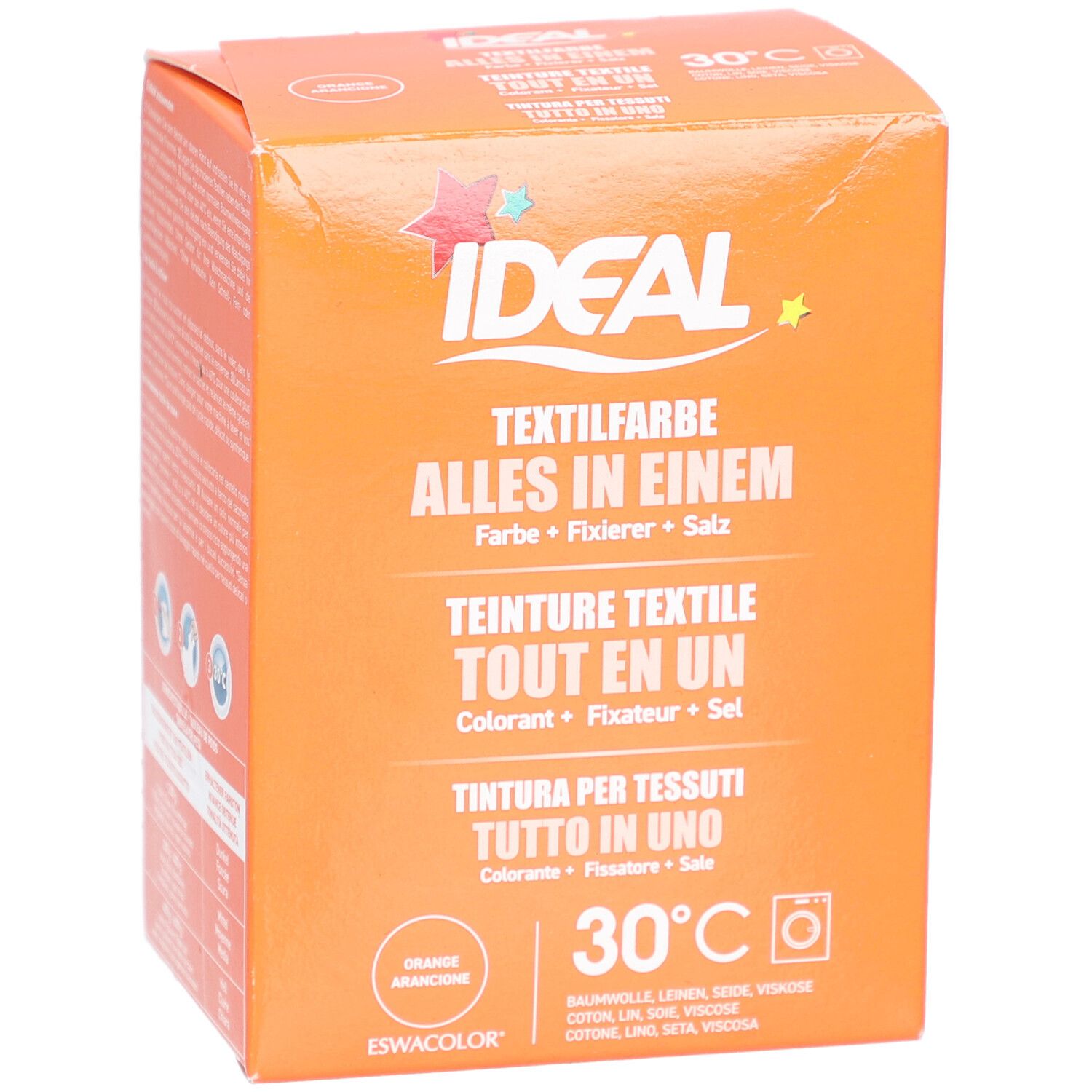 Boîte orange Ideal Textilfarbe. Inscriptions en allemand, français, italien. Symbole de machine à laver et 30°C.