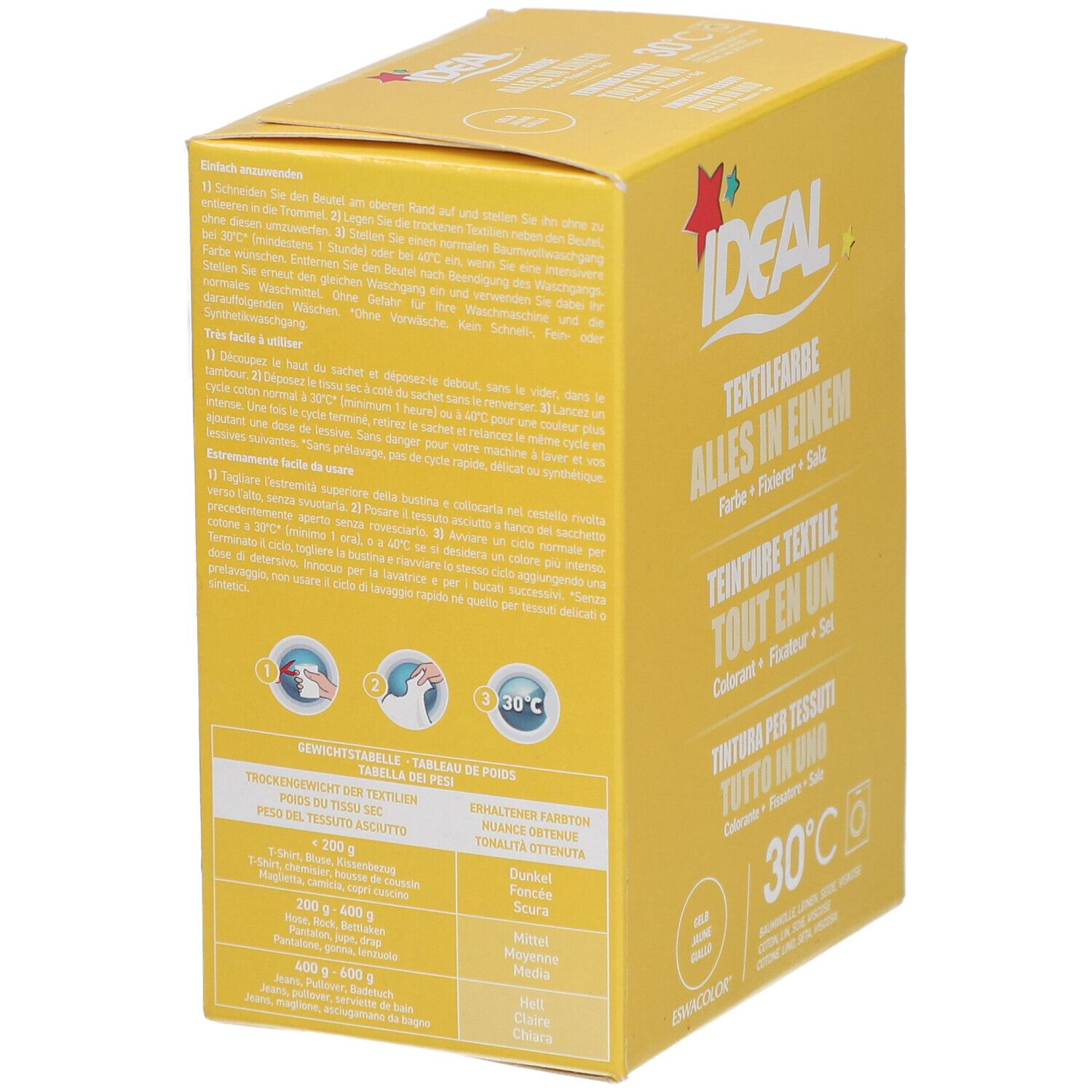 Boîte jaune, dos avec texte et symboles. Logo Ideal et symbole 30°C.