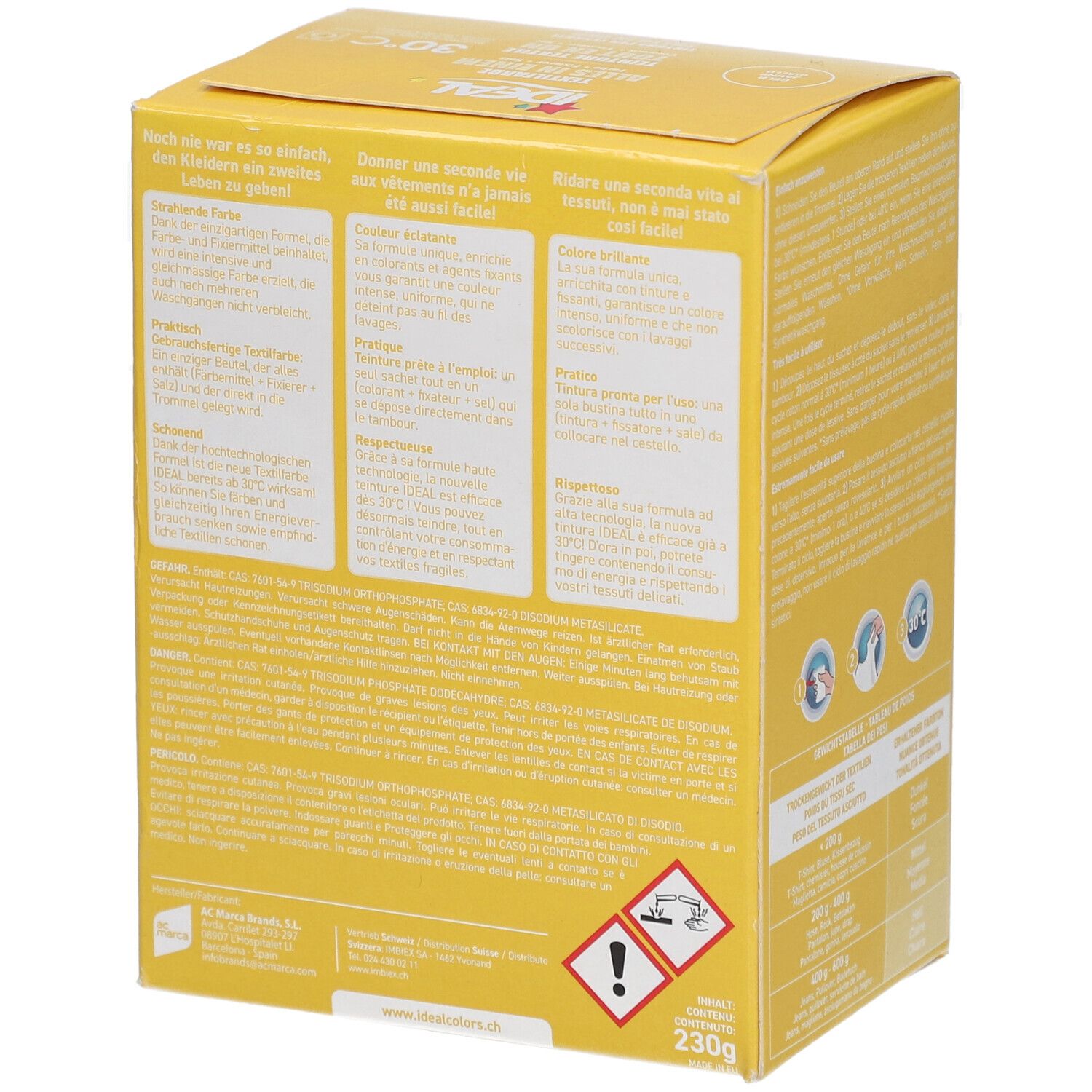 Boîte jaune, dos avec texte, avertissements et poids. Logo Ideal.