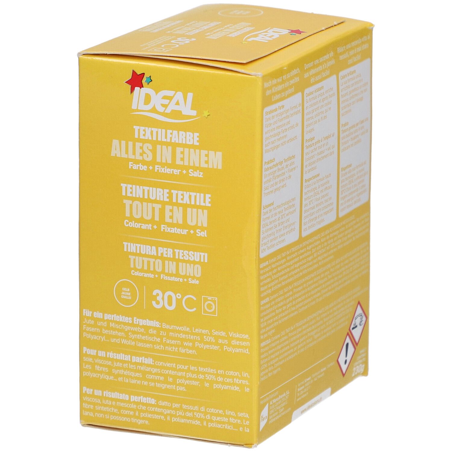 Boîte jaune avec nom du produit et informations sur la teinture textile. Logo Ideal et symbole 30°C.