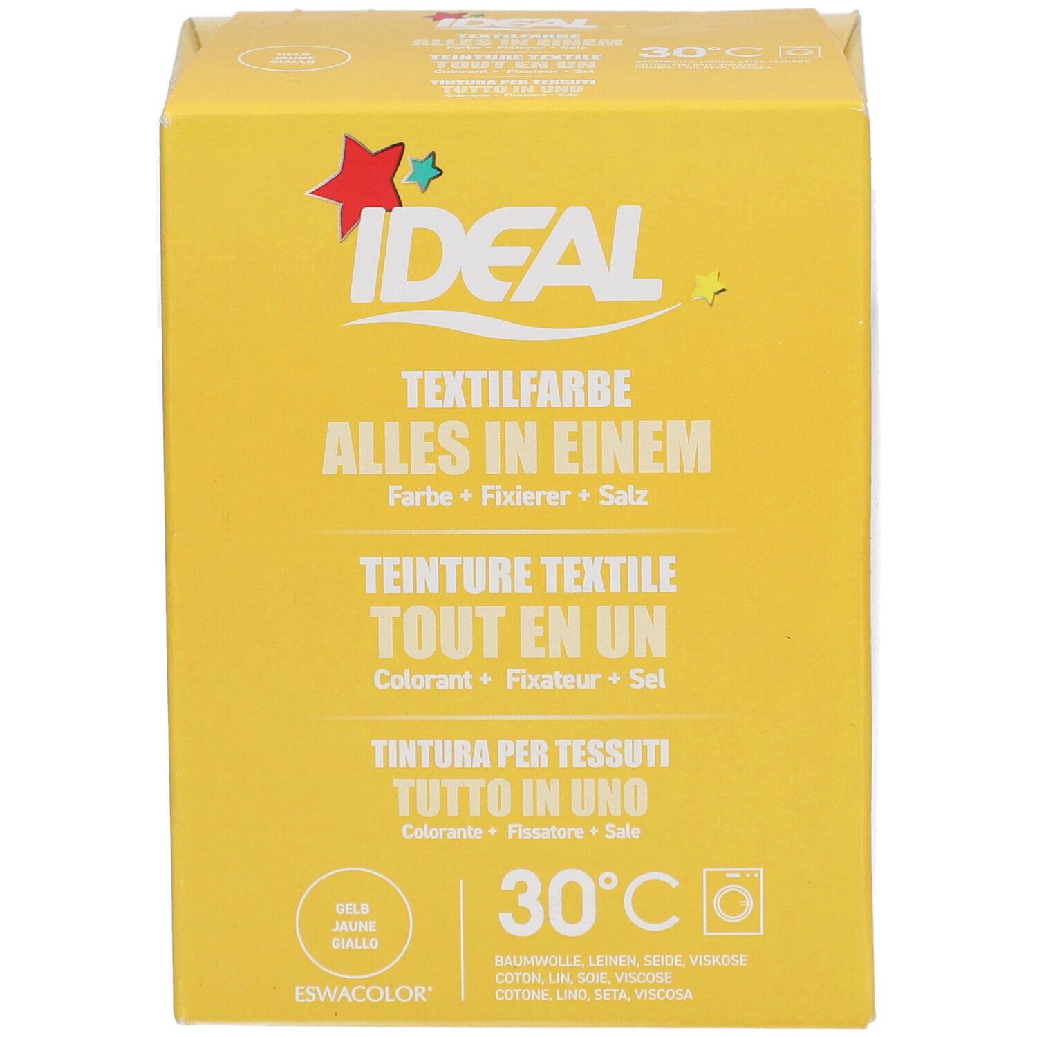 Boîte jaune avec nom du produit et informations sur la teinture textile. Logo Ideal et symbole 30°C.
