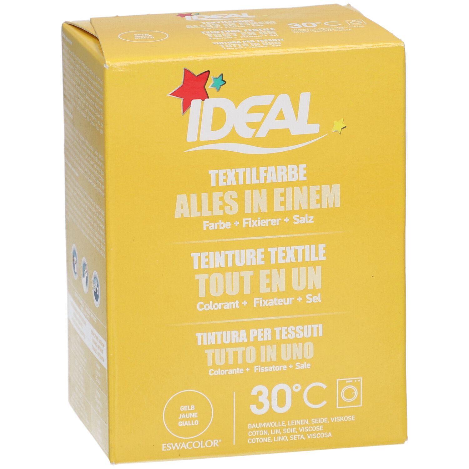Boîte jaune avec nom du produit et informations sur la teinture textile. Logo Ideal et symbole 30°C.