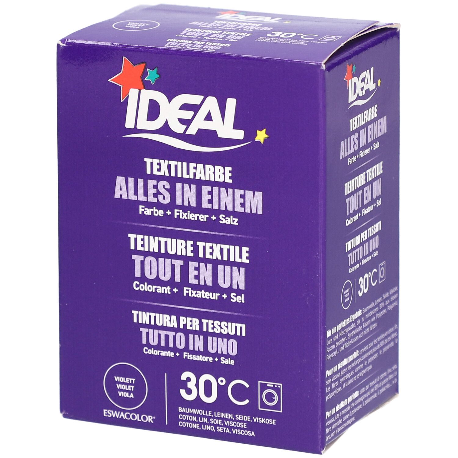Boîte de teinture textile violette. Logo "IDEAL". "Teinture textile tout en un". Symbole 30°C. Contient colorant, fixateur, sel.