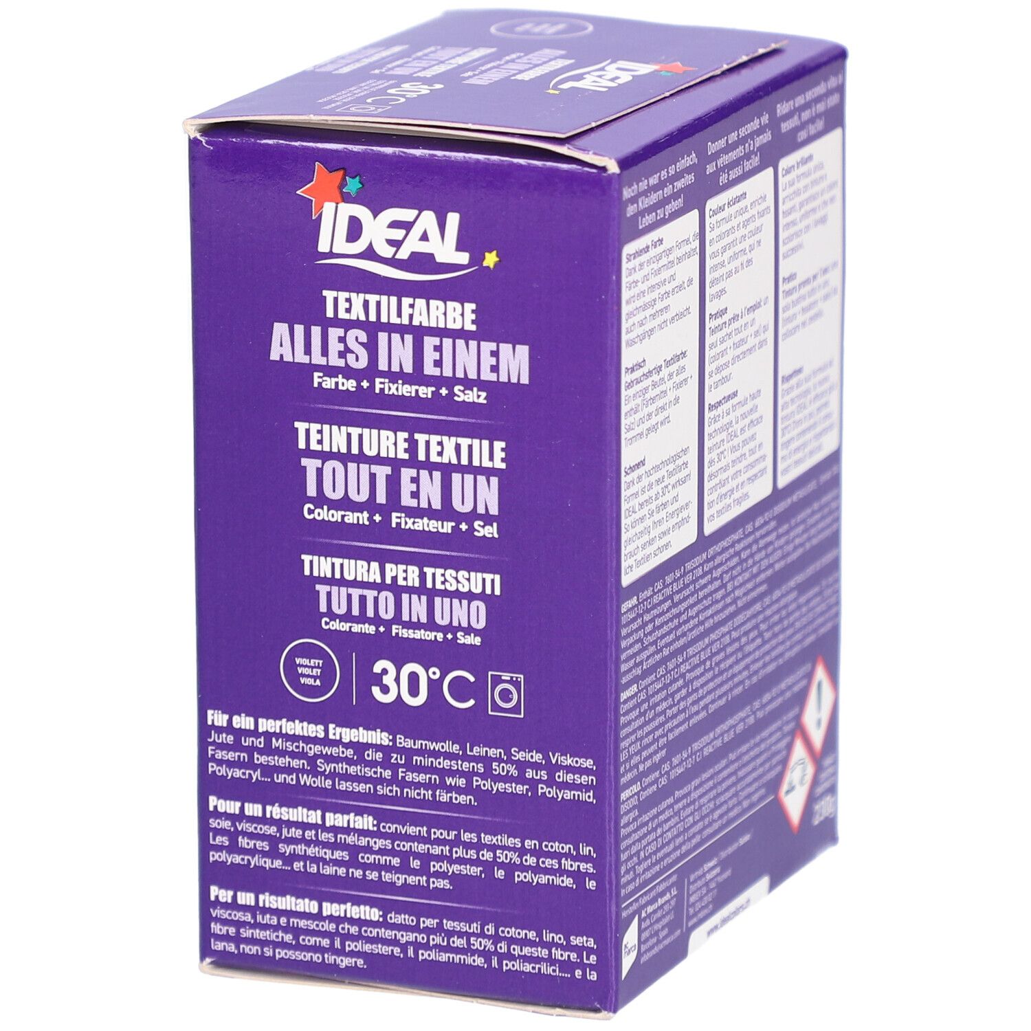 Boîte de teinture textile. Logo "IDEAL". "Teinture textile tout en un". Symbole 30°C. Pour coton, lin, soie, viscose.