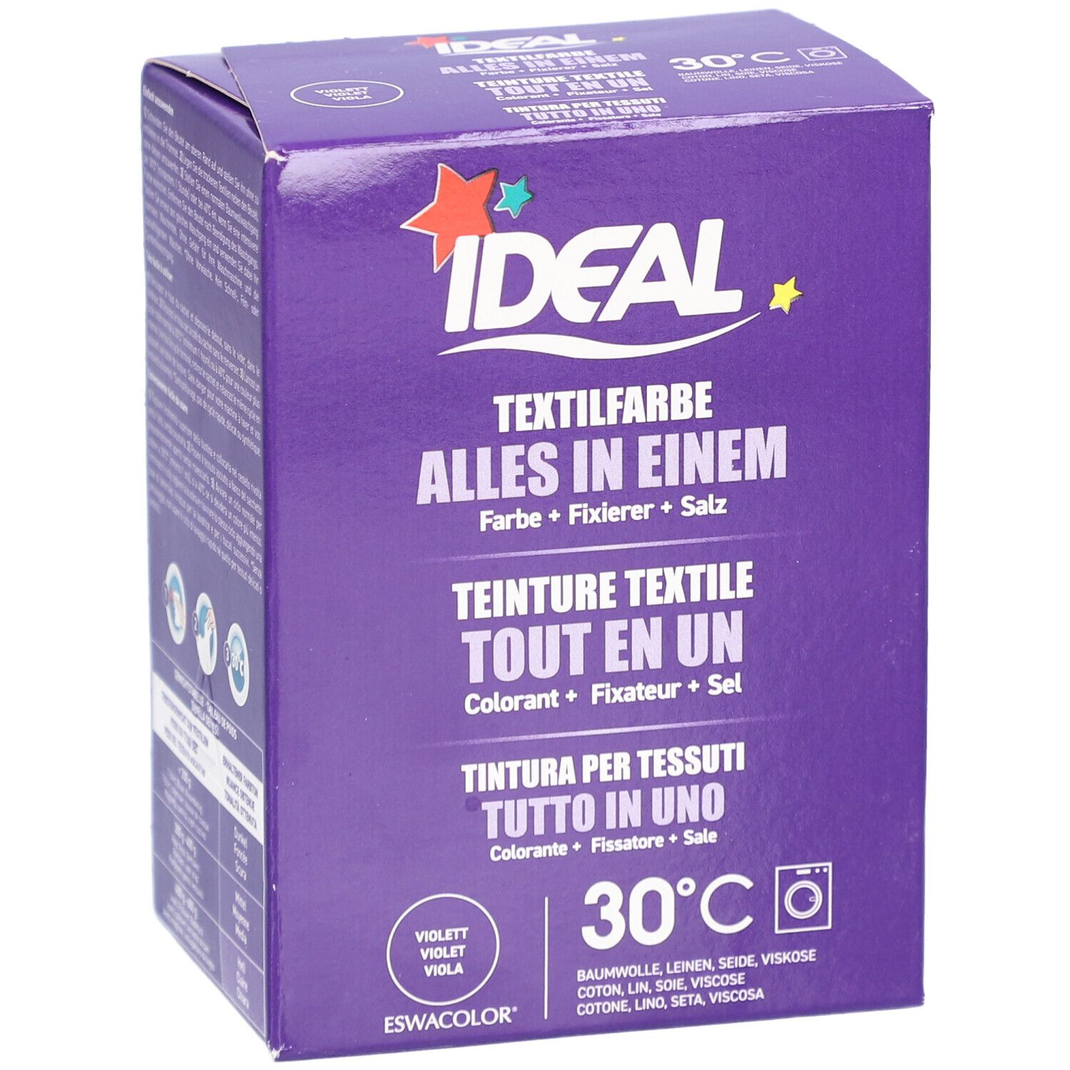 Boîte de teinture textile violette. Logo "IDEAL". "Teinture textile tout en un". Symbole 30°C. Contient colorant, fixateur, sel.