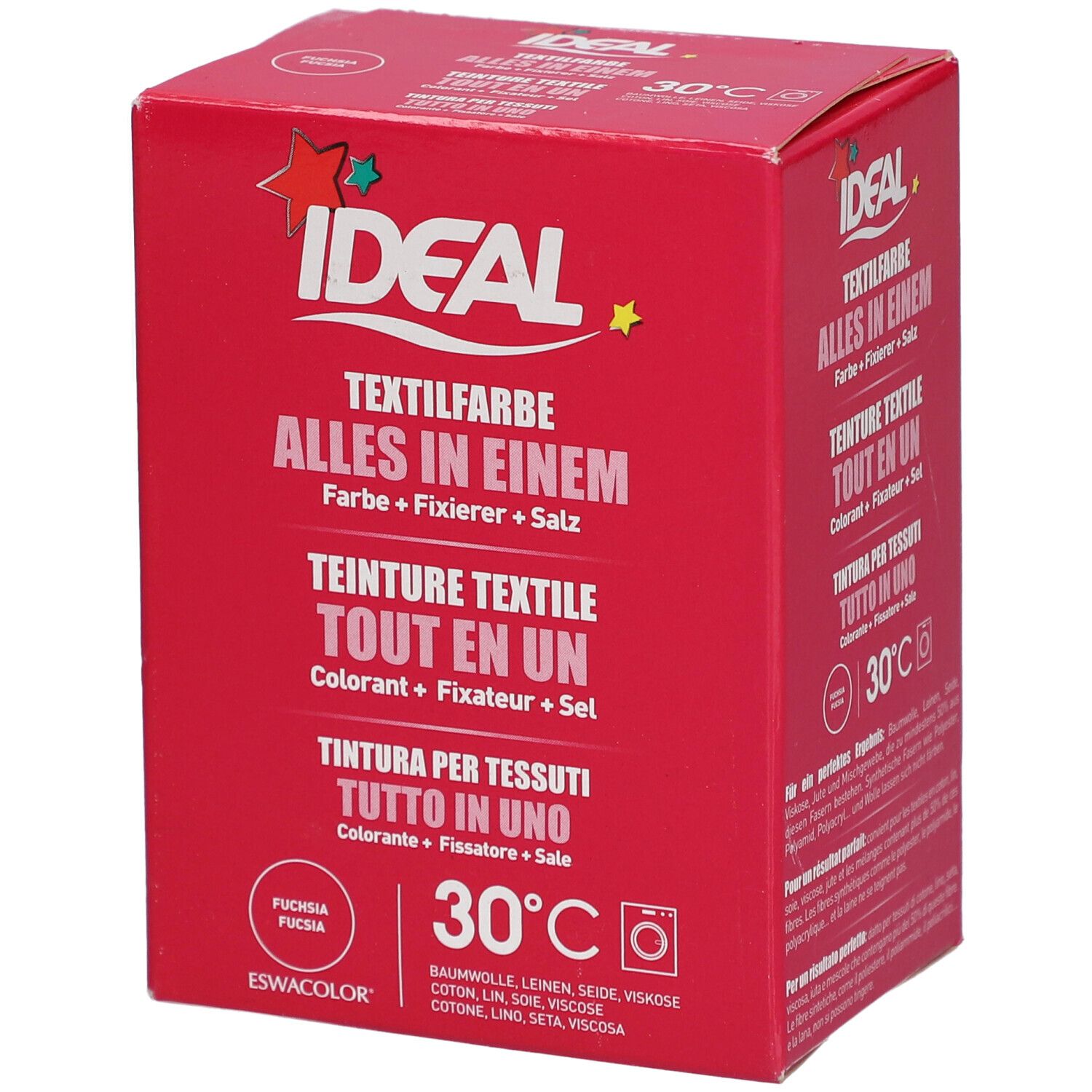 Boîte rouge IDEAL Textilfarbe. Inscriptions : Fuchsia, 30°C, et symbole machine à laver. Contient les mots allemands et français.