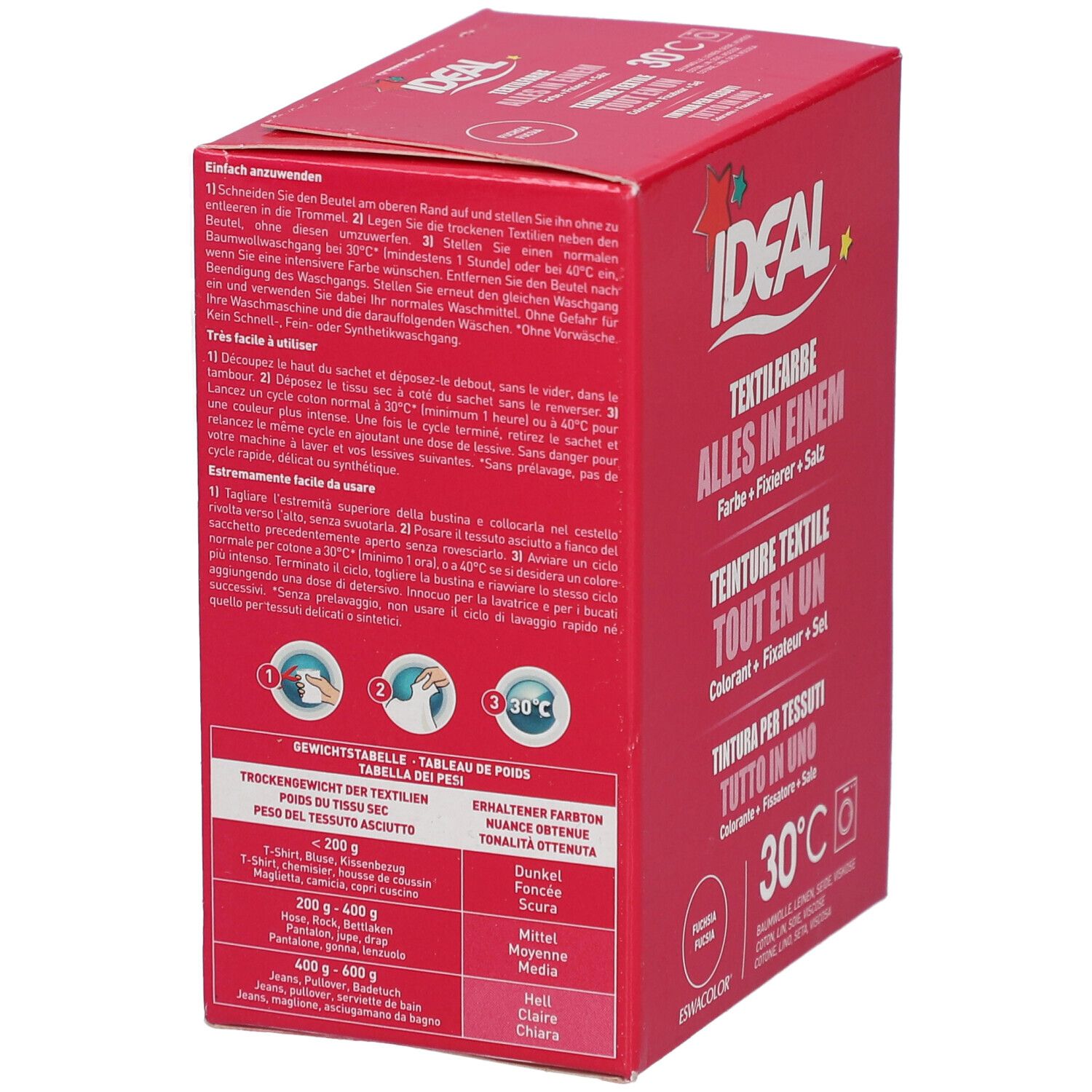 Dos de la boîte IDEAL Textilfarbe. Texte, tableau et logo IDEAL. Symbole 30°C.