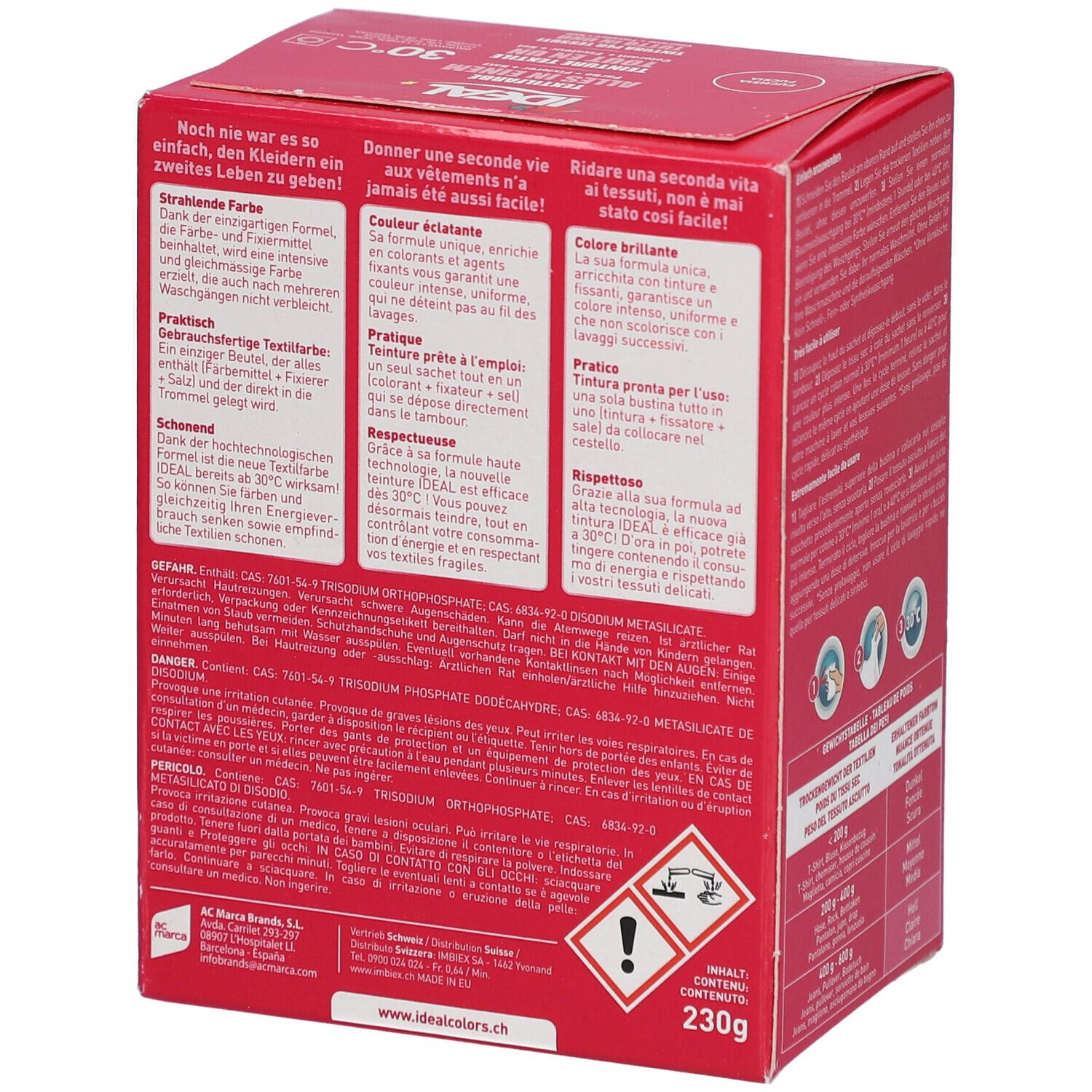 Boîte rouge IDEAL Textilfarbe. Texte en allemand, français et italien. Avertissements et logo IDEAL.