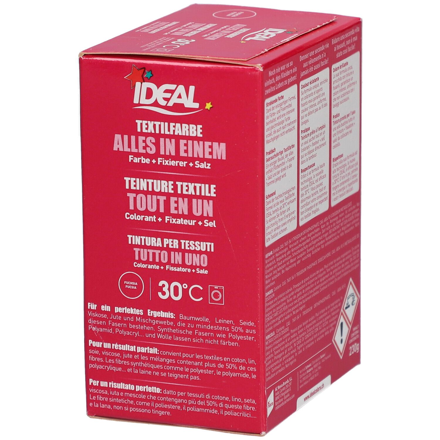 Boîte rouge IDEAL Textilfarbe. Texte en allemand, français et italien. Fuchsia, 30°C et symbole machine à laver.