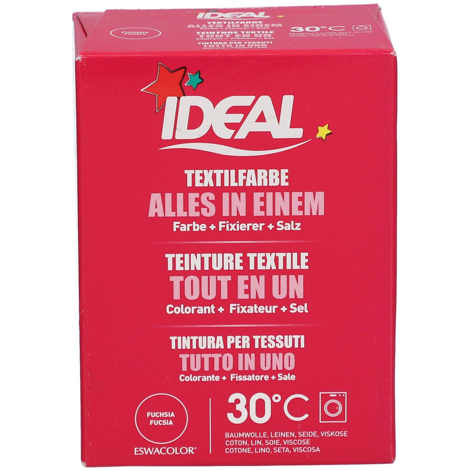 Boîte rouge IDEAL Textilfarbe. Texte en allemand, français et italien. Fuchsia, 30°C et symbole machine à laver.