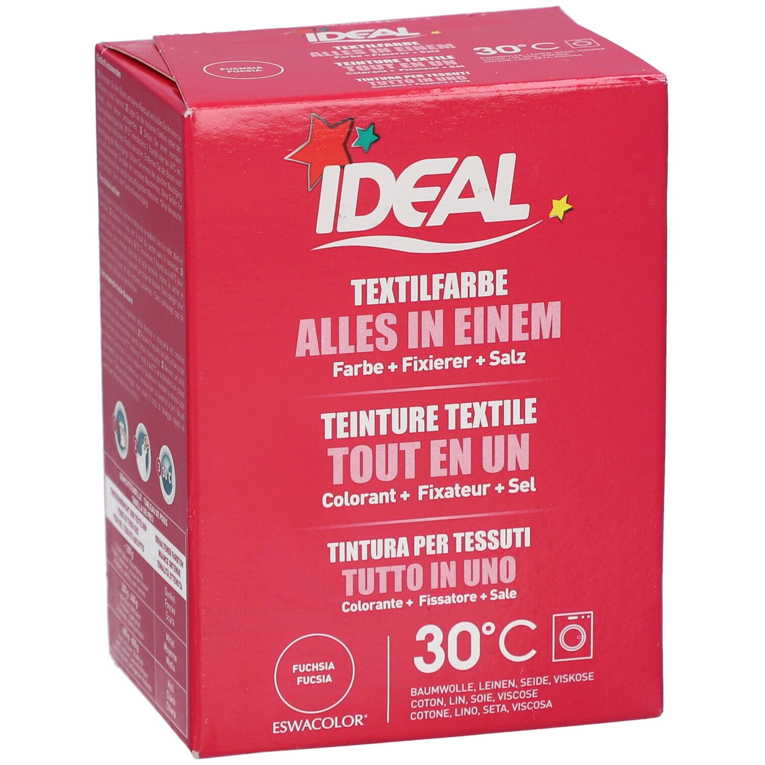 Boîte rouge IDEAL Textilfarbe. Texte en allemand, français et italien. Fuchsia, 30°C et symbole machine à laver.