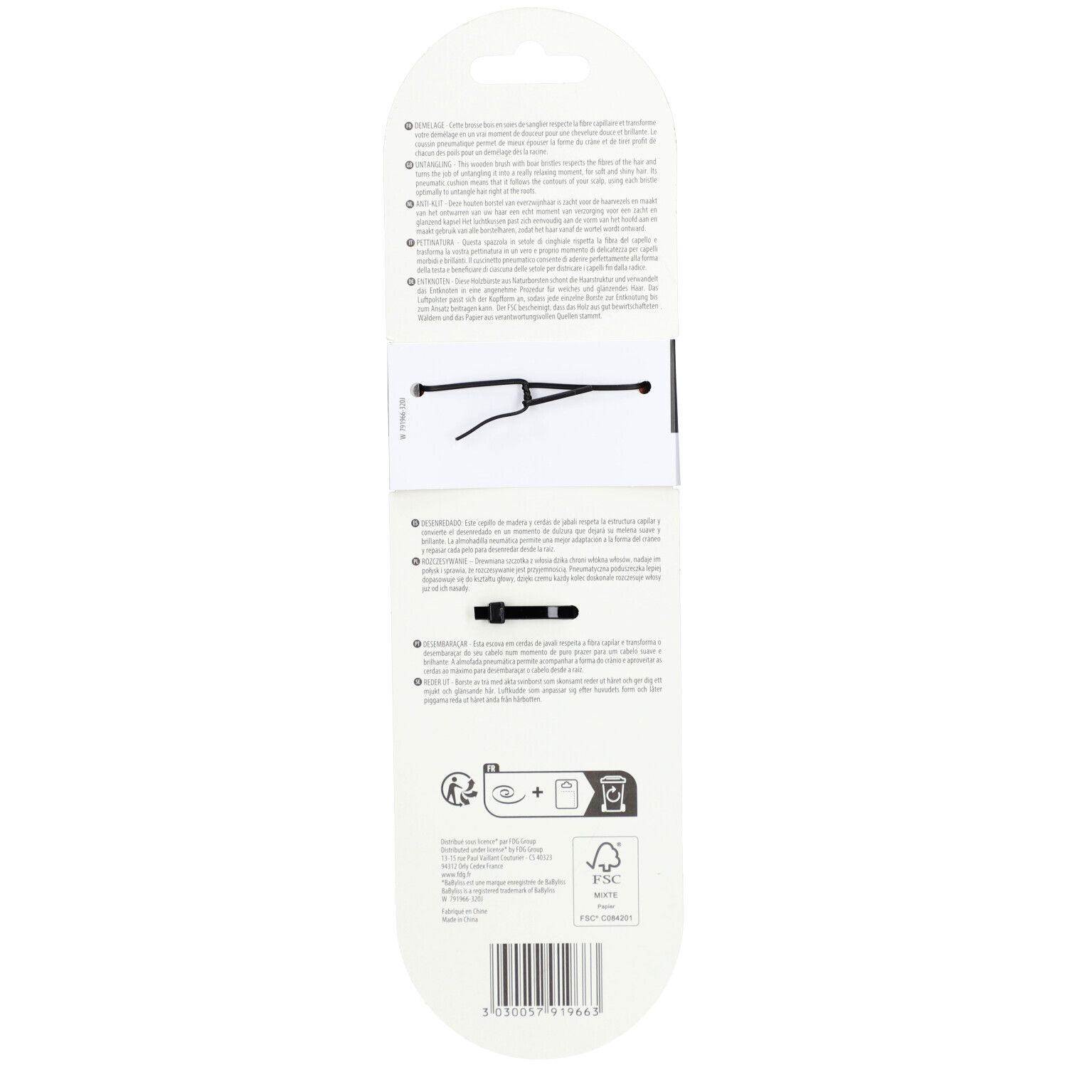 Dos de l'emballage du produit. Texte et symboles. Certification FSC. Code-barres en bas.