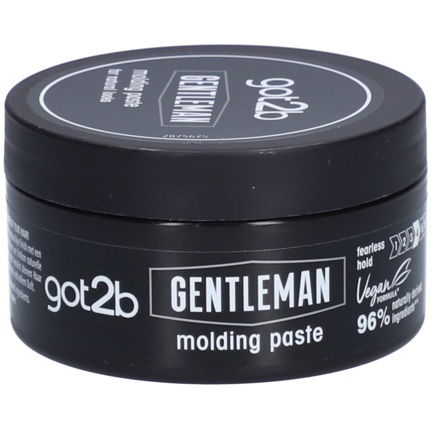 Pot noir avec couvercle. Inscription : got2b GENTLEMAN molding paste. Logo végan.