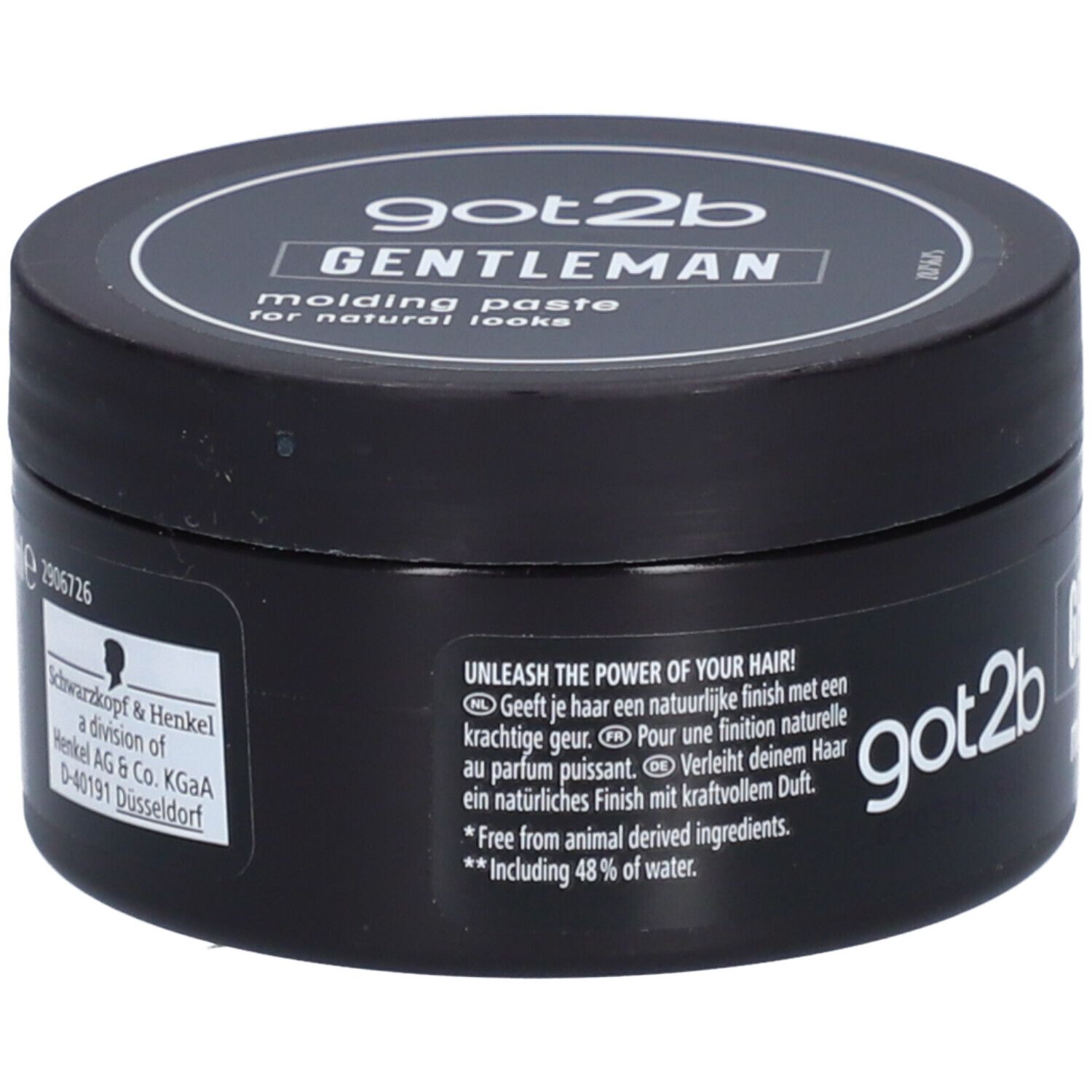Pot noir avec couvercle. Inscription : got2b GENTLEMAN molding paste. Texte multilingue.