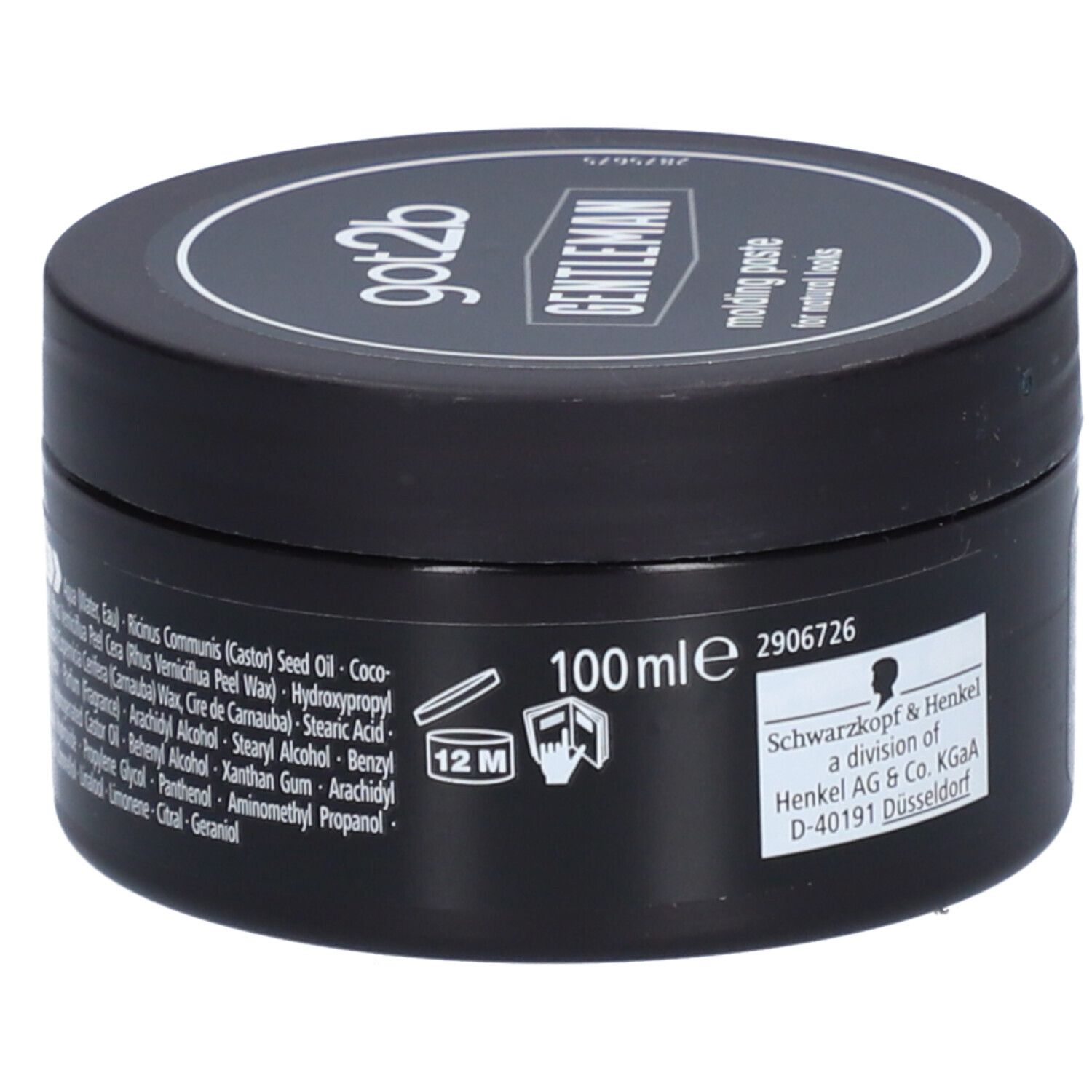 Pot noir avec couvercle. Inscription : got2b GENTLEMAN molding paste. 100 ml. Ingrédients.