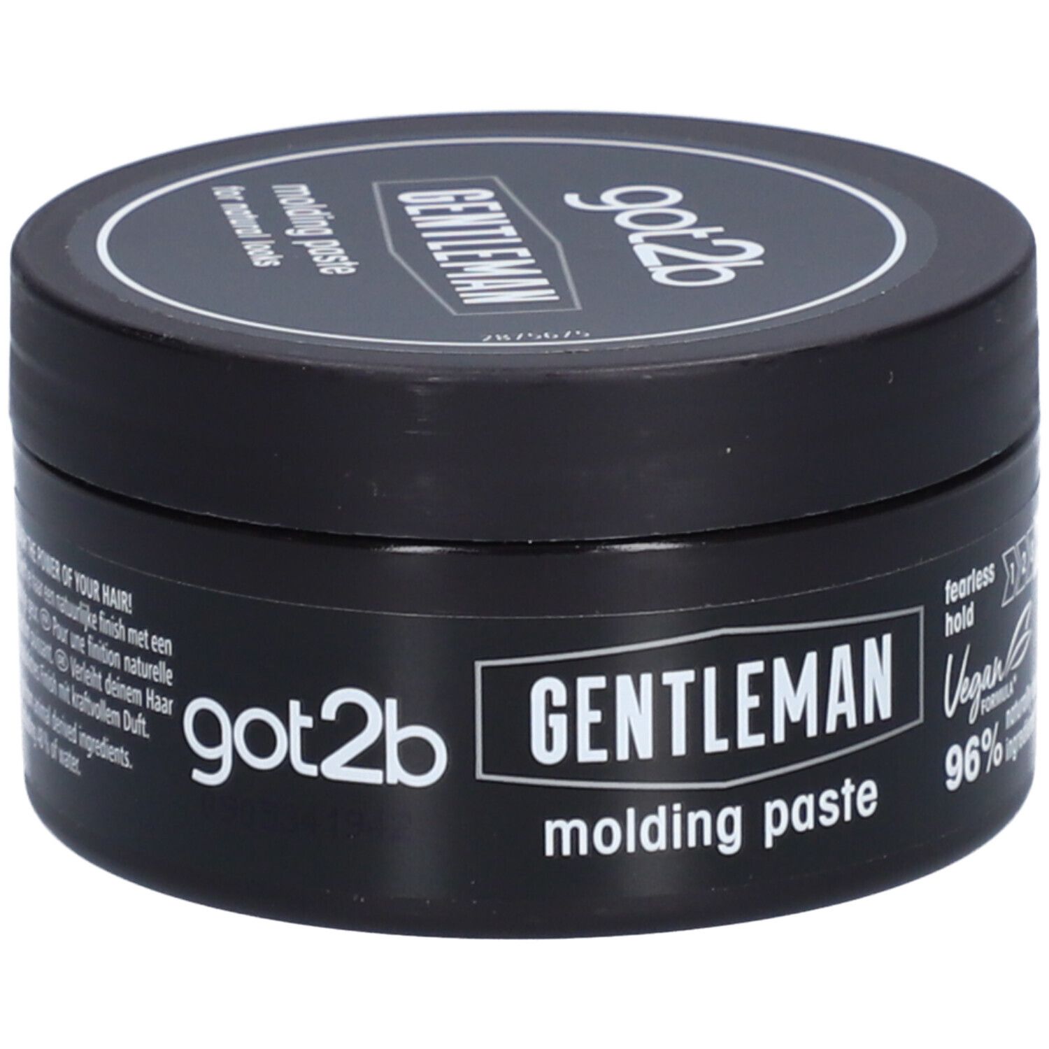 Pot noir avec couvercle. Inscription : got2b GENTLEMAN molding paste. Logo végan.