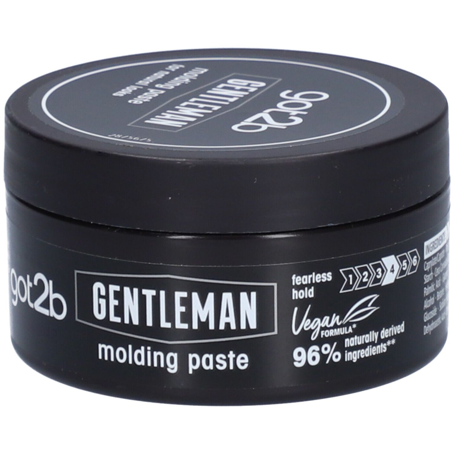 Pot noir avec couvercle. Inscription : got2b GENTLEMAN molding paste. Logo végan, 96% ingrédients naturels.