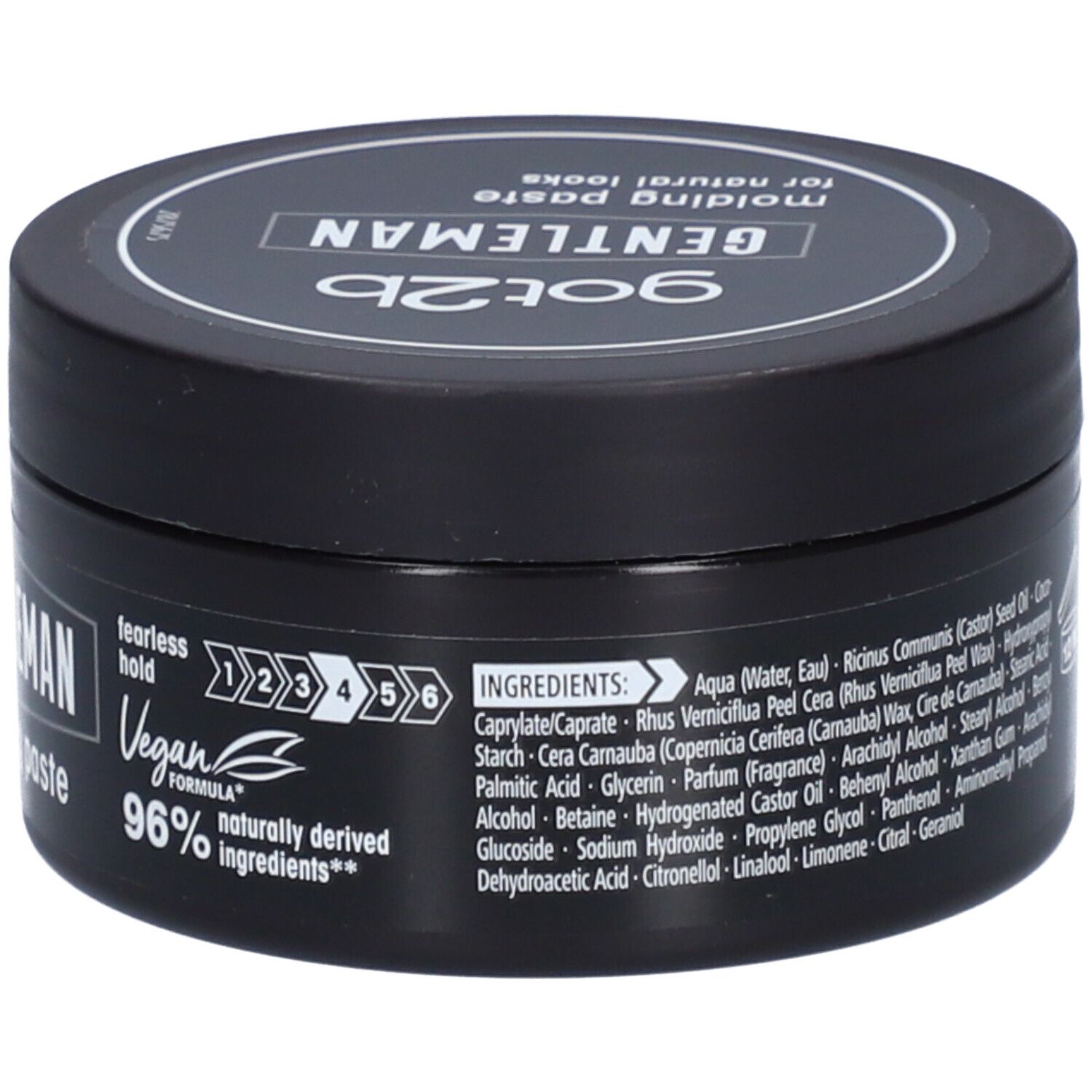 Pot noir avec couvercle. Inscription : got2b GENTLEMAN molding paste. Logo végan, ingrédients.
