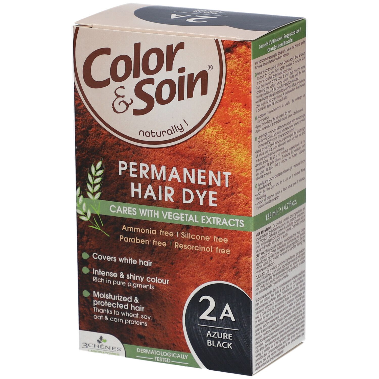 Haarkleurdoos Color & Soin 2A Azure Black. Bevat permanente haarkleurstof met plantenextracten. Bedekt grijs haar.