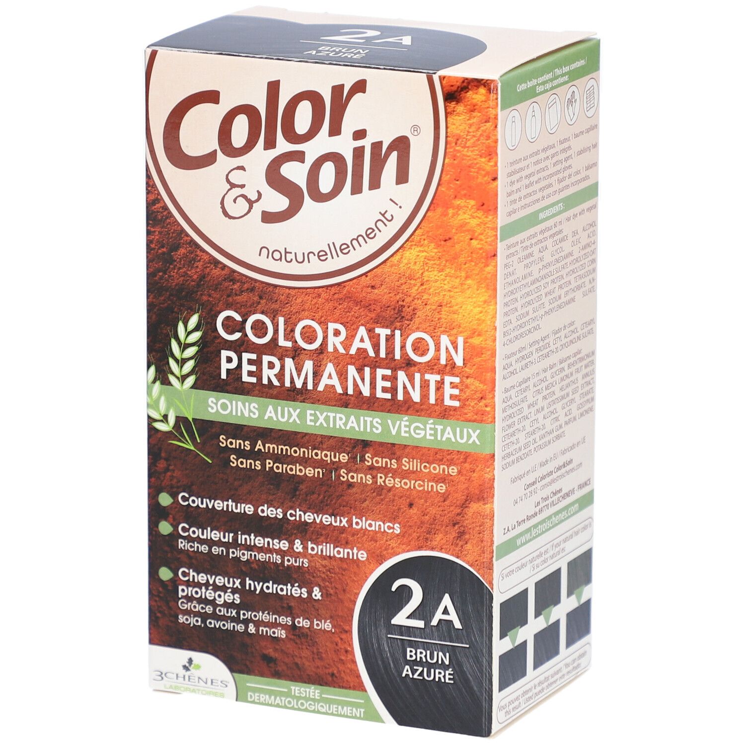 Haarkleurdoos Color & Soin 2A Brun Azuré. Bevat permanente haarkleurstof met plantenextracten. Bedekt grijs haar.