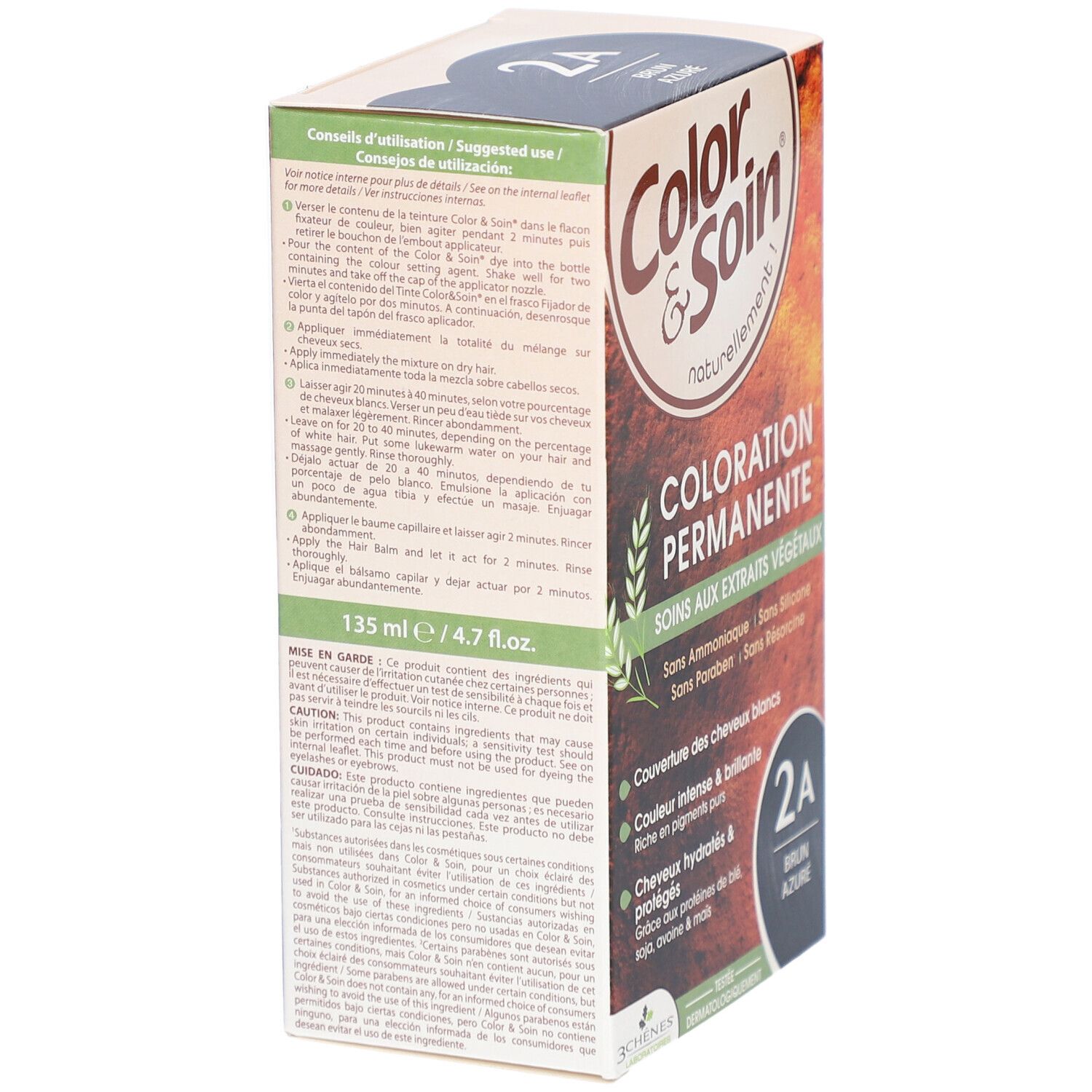 Zijkant van de haarkleurdoos Color & Soin 2A Brun Azuré. Bevat gebruiksaanwijzing en voorzorgsmaatregelen. Met plantenextracten.