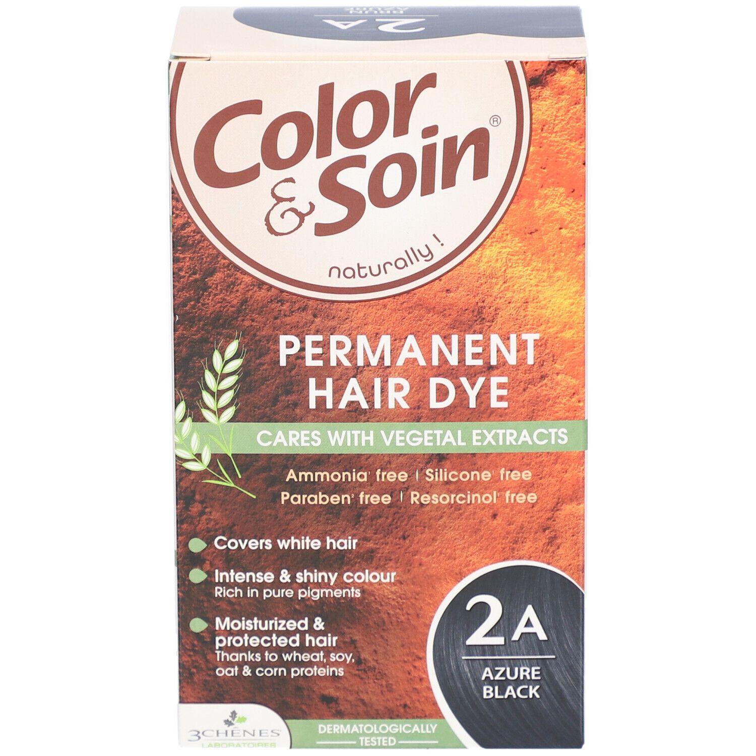 Haarkleurdoos Color & Soin 2A Azure Black. Bevat permanente haarkleurstof met plantenextracten. Bedekt grijs haar.