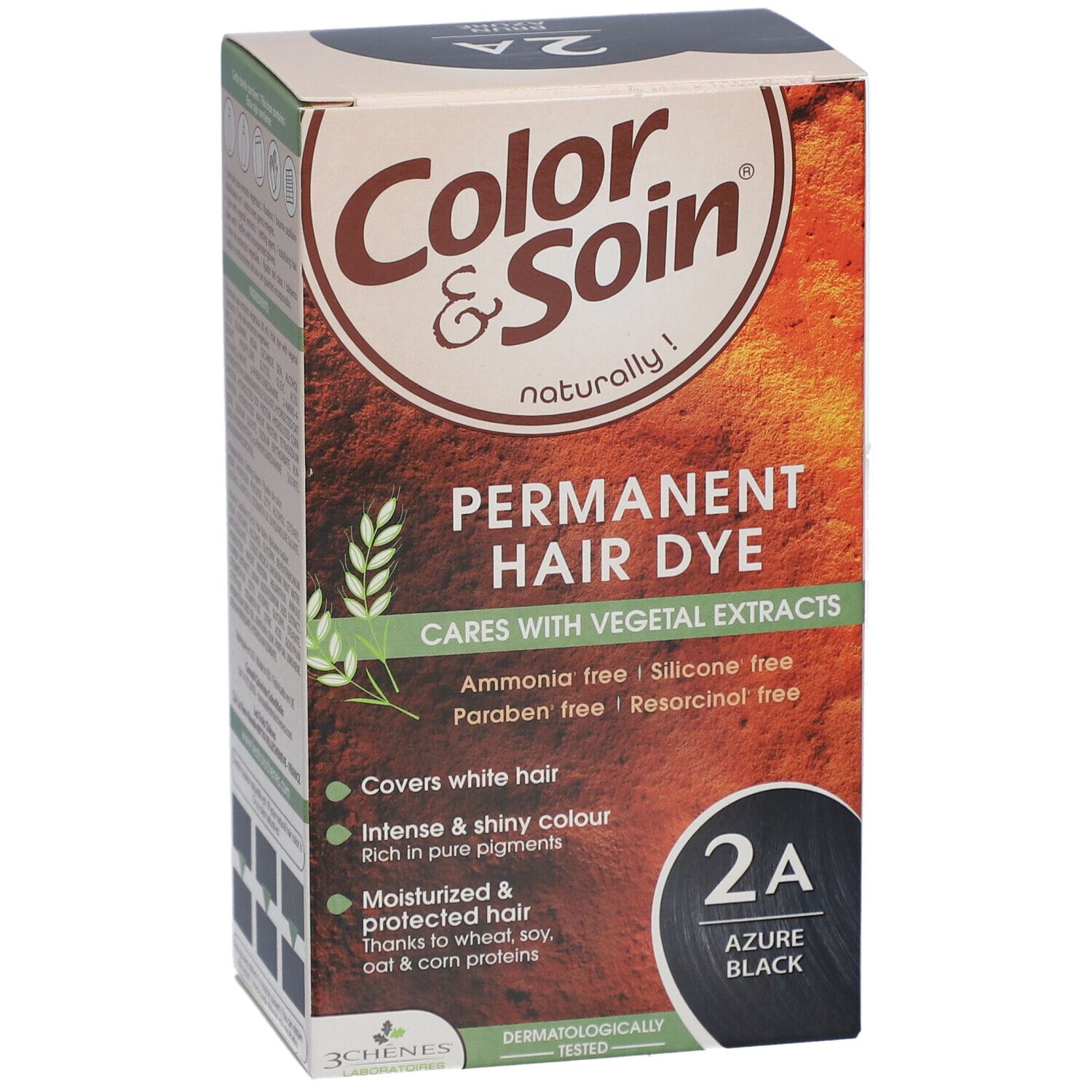 Haarkleurdoos Color & Soin 2A Azure Black. Bevat permanente haarkleurstof met plantenextracten. Bedekt grijs haar.