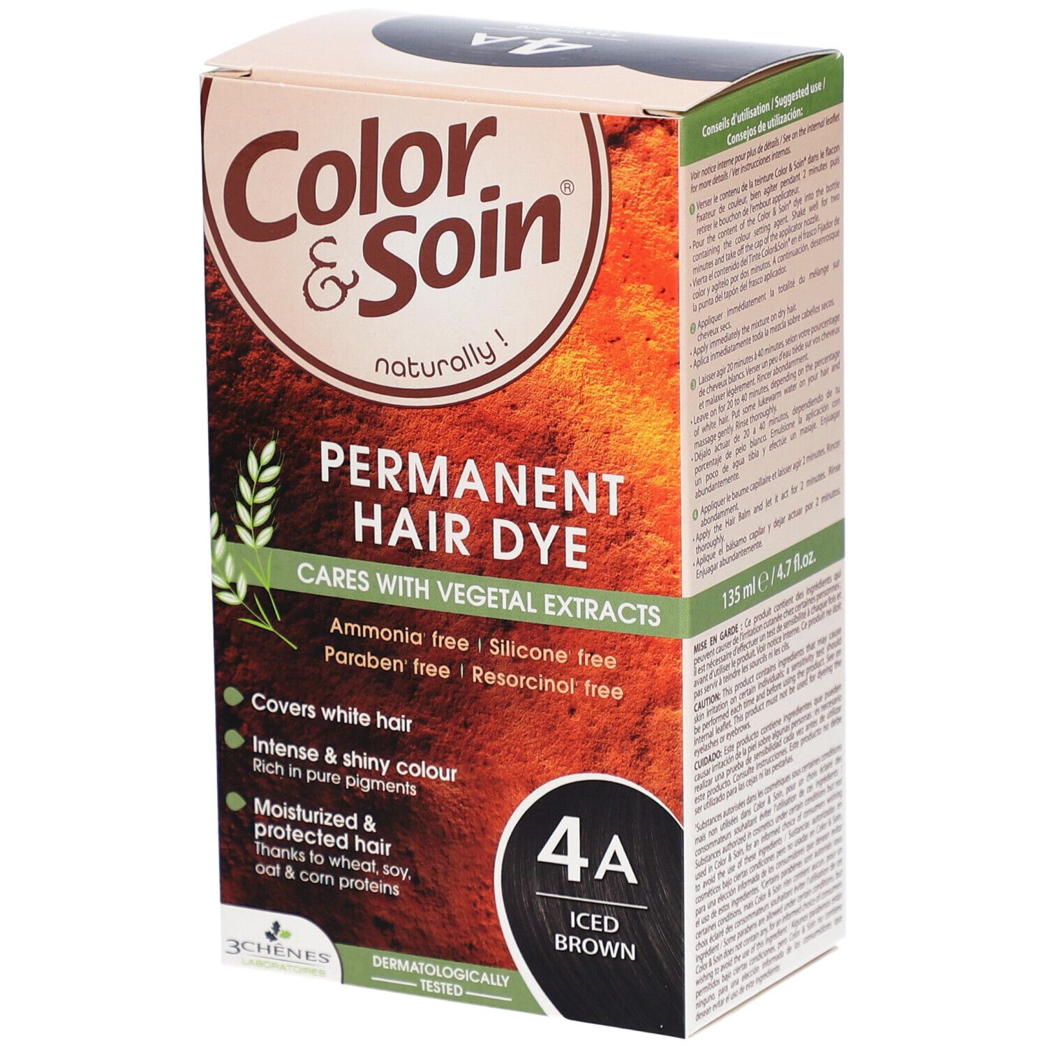 Haarkleurdoos. "Color & Soin" met "4A Iced Brown". Bevat plantaardige extracten. Bedekt grijze haren.