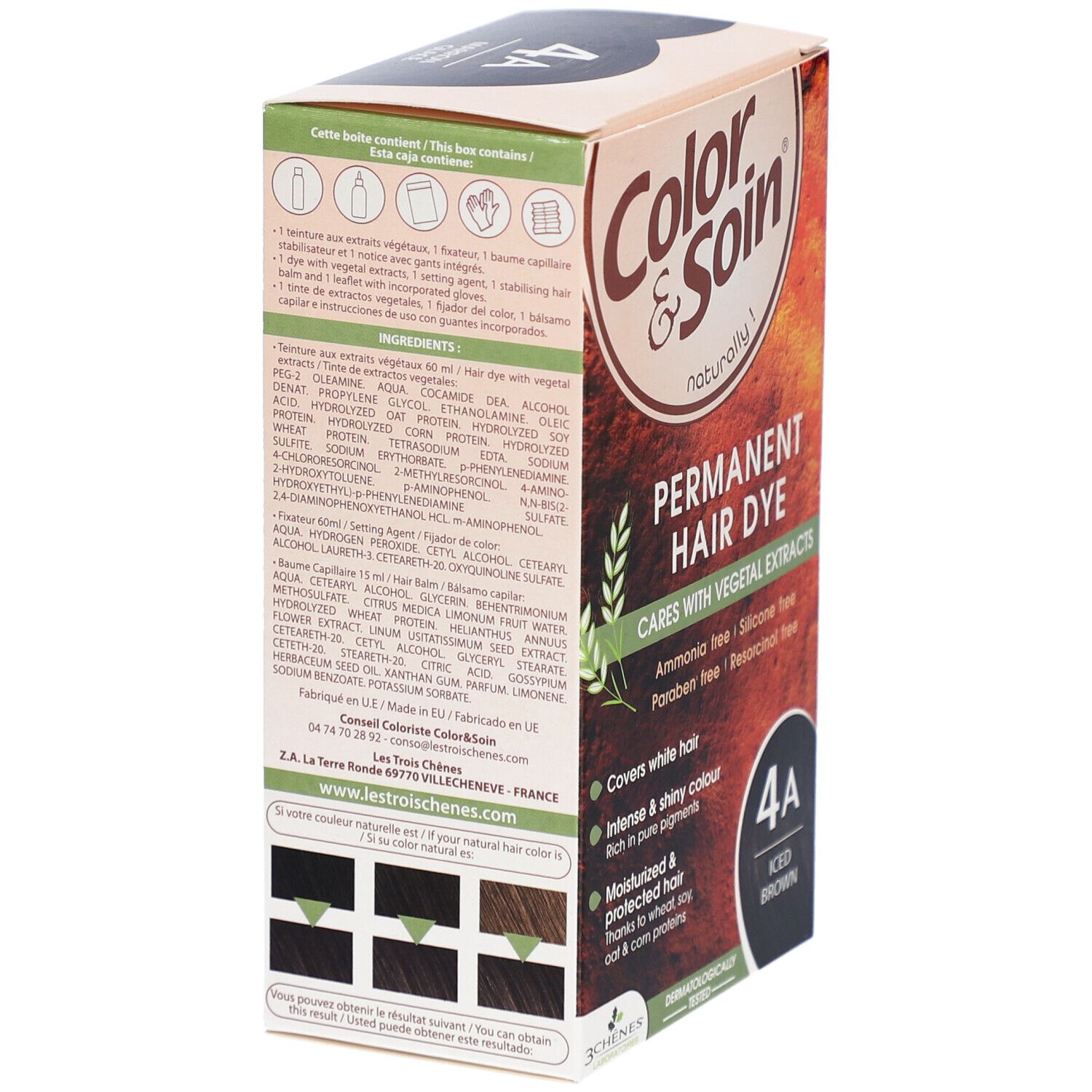 Achterkant van de haarkleurdoos. "Color & Soin" met ingrediënten en kleurexamples. "4A Iced Brown".