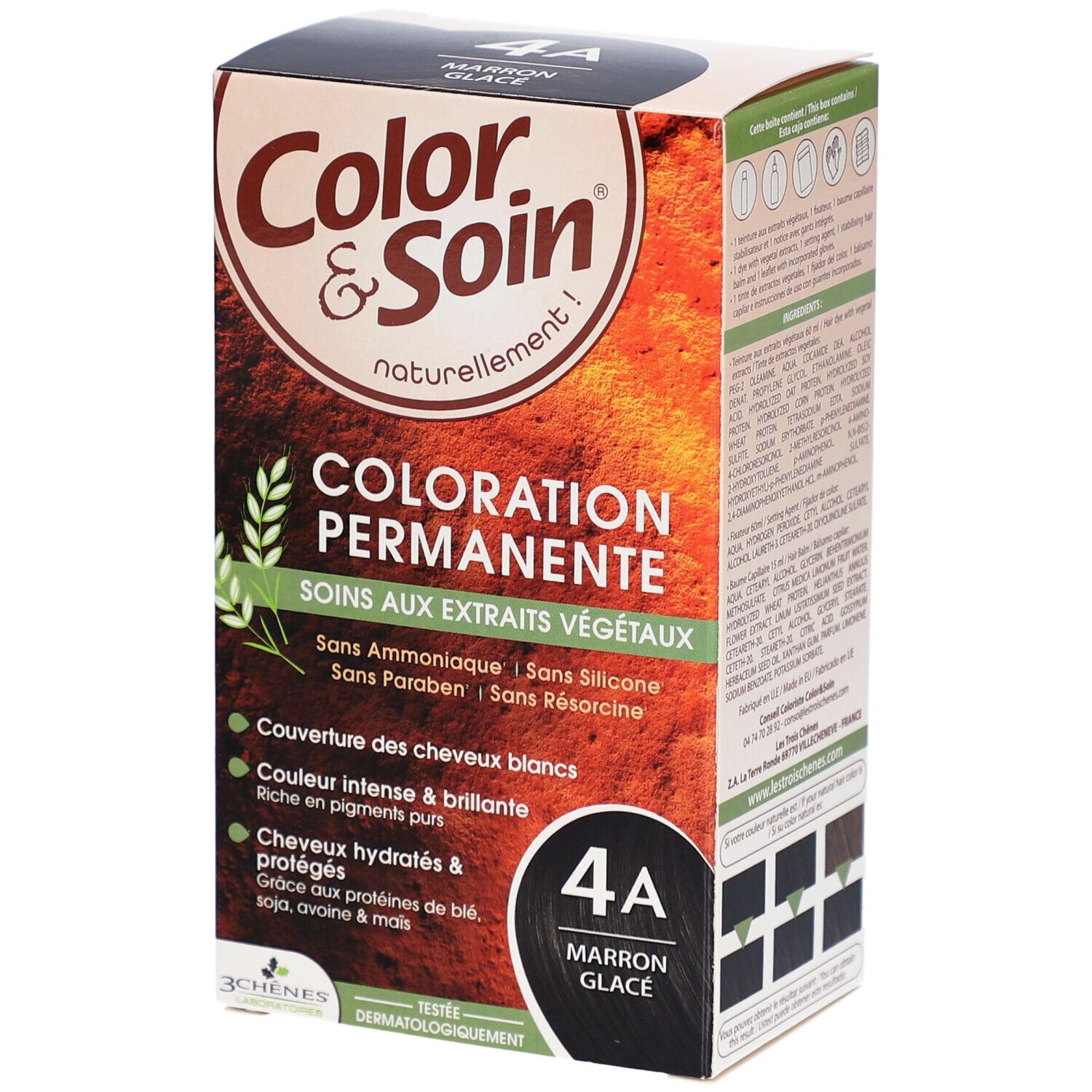 Permanente kleuring doos. "4A Marron Glacé". Zonder ammoniak, siliconen en parabenen. Met plantaardige extracten.