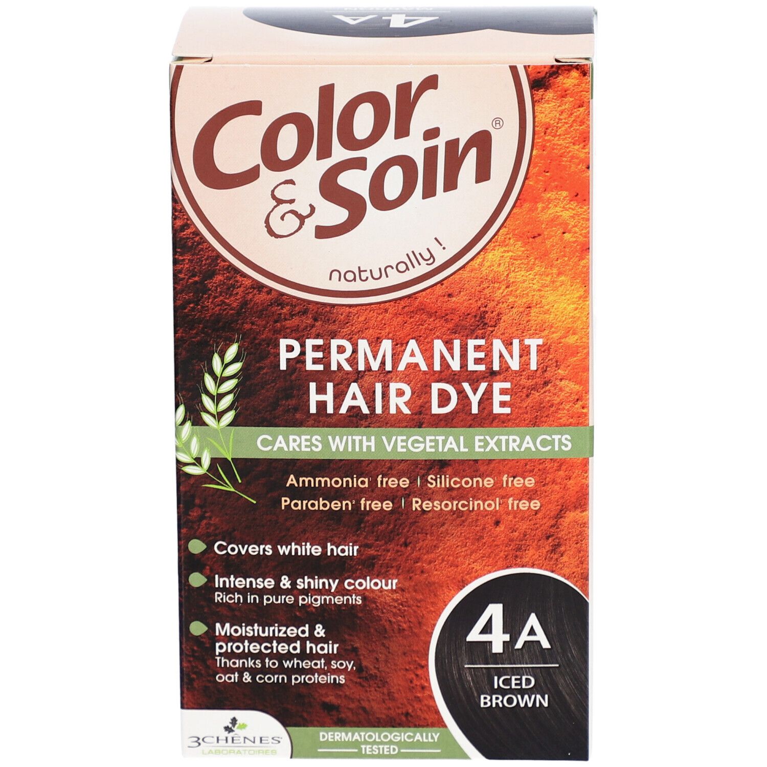 Haarkleurdoos. "Color & Soin" met "4A Iced Brown". Bevat plantaardige extracten. Bedekt grijze haren.