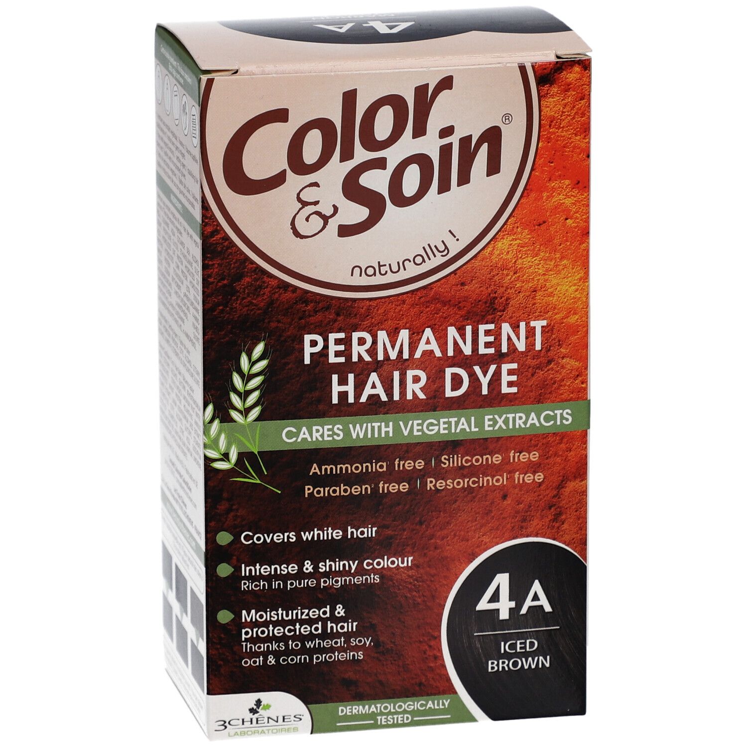 Haarkleurdoos. "Color & Soin" met "4A Iced Brown". Bevat plantaardige extracten. Bedekt grijze haren.