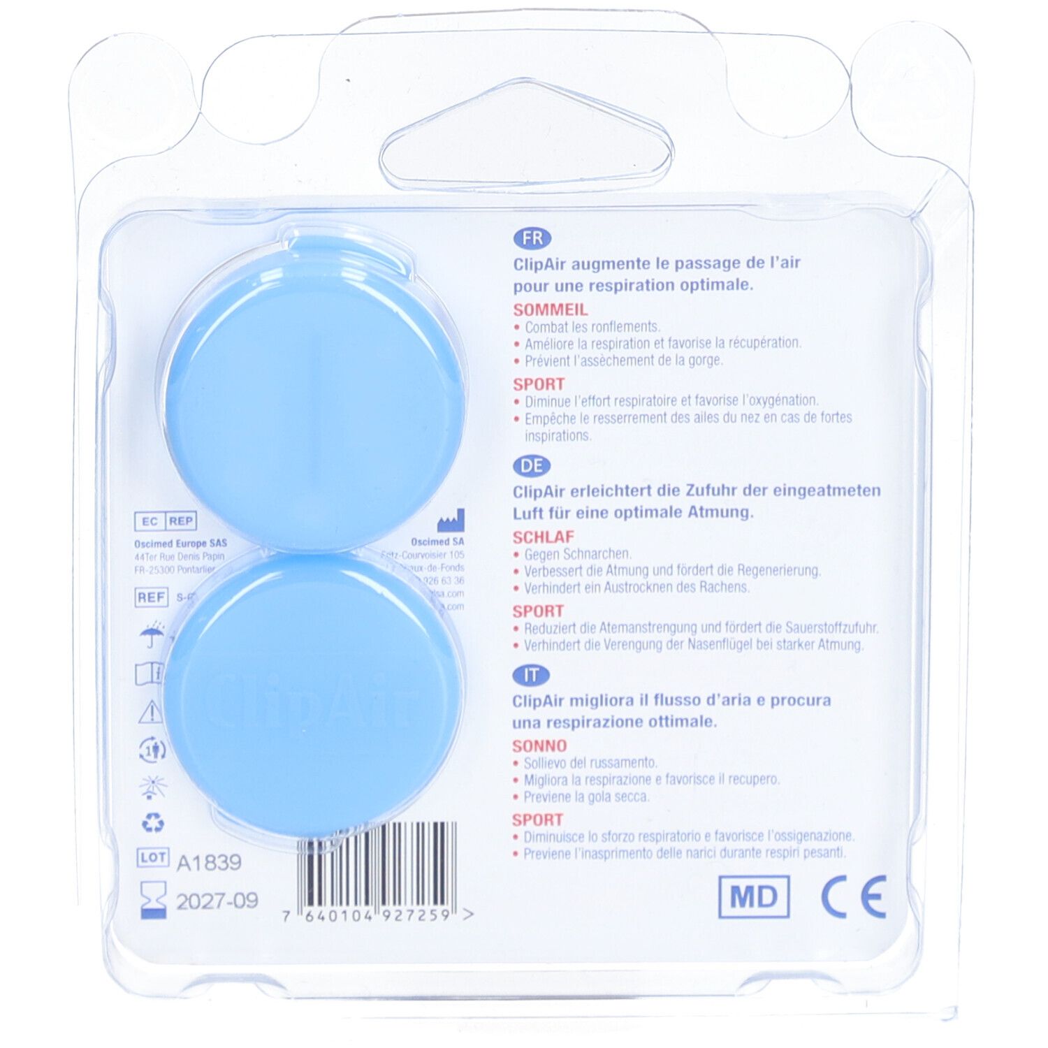 Dos de l'emballage blister avec deux dilatateurs nasaux ClipAir bleus. Texte en allemand, français et italien.