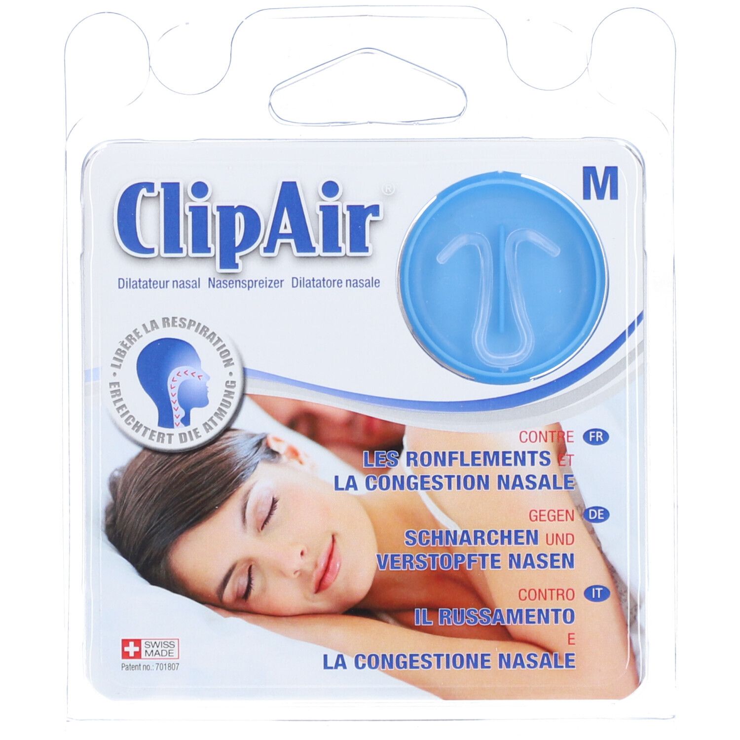 Emballage blister avec dilatateur nasal bleu. Texte: ClipAir, M. Femme dormant.