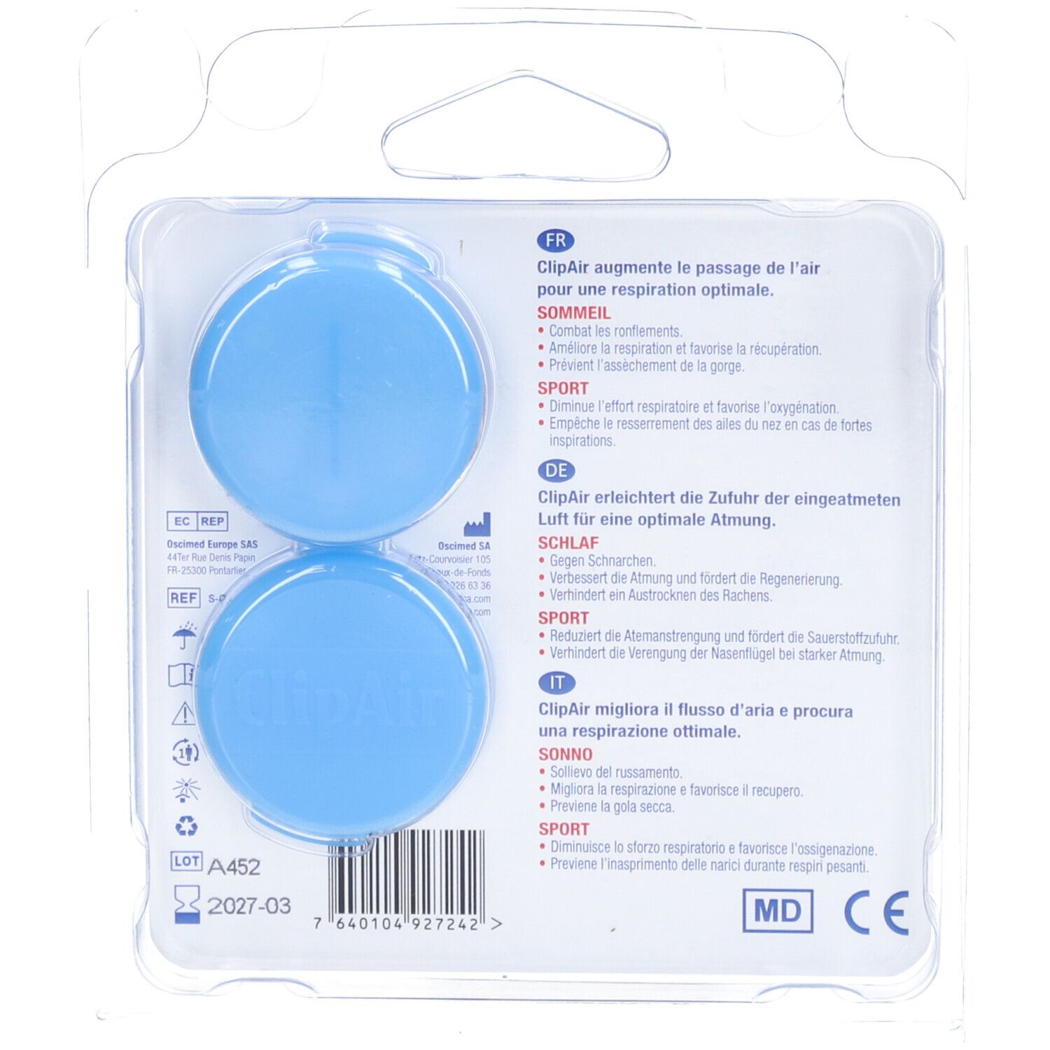 Dos de l'emballage blister avec deux dilatateurs nasaux bleus. Texte: ClipAir, marquage CE.