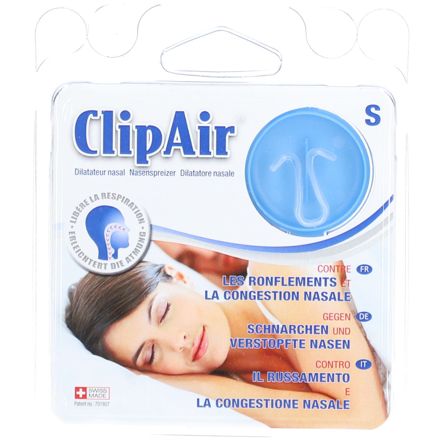 Emballage blister avec dilatateur nasal bleu. Marque 'ClipAir', taille 'S'. Texte: 'Libère la respiration'. Femme endormie.