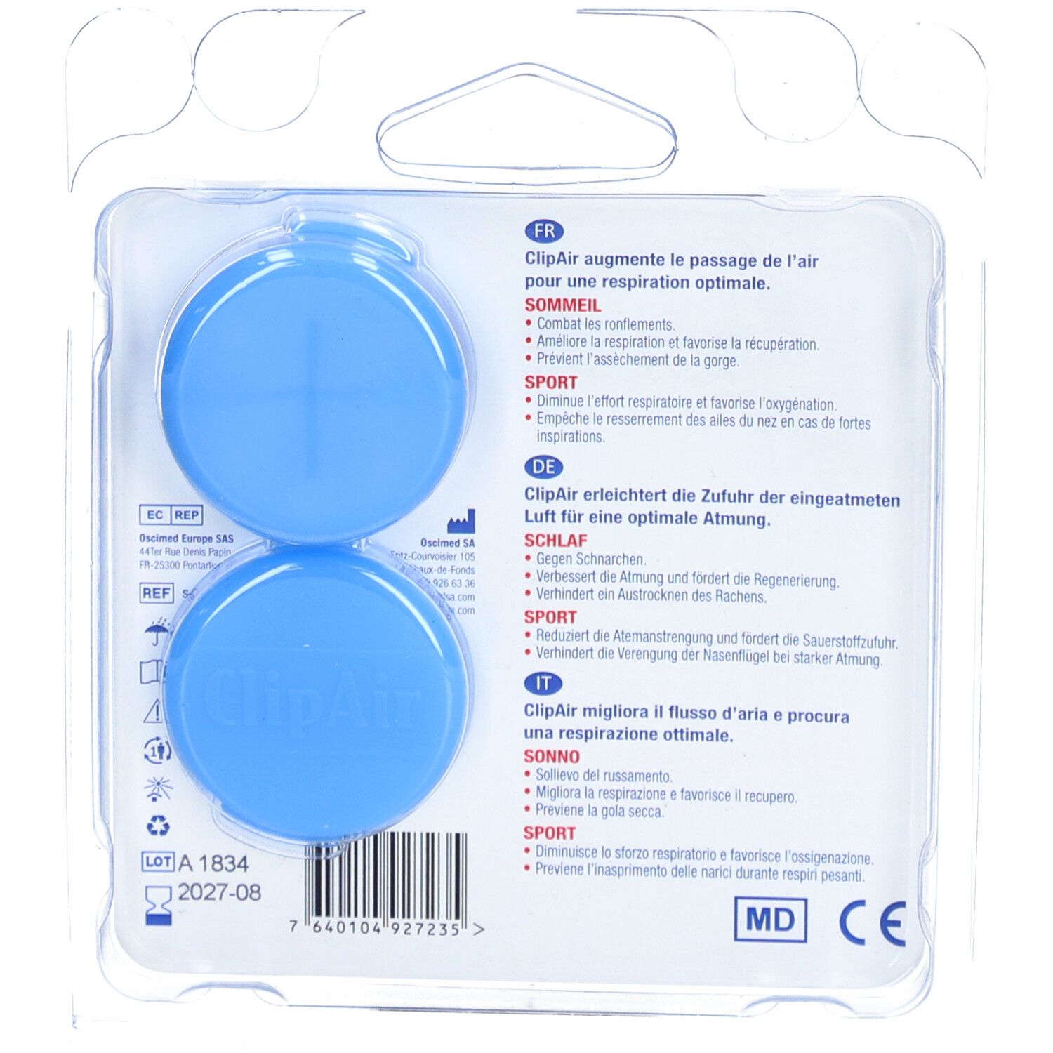 Dos de l'emballage blister avec deux dilatateurs nasaux bleus. Texte: 'ClipAir', informations d'utilisation et certifications.