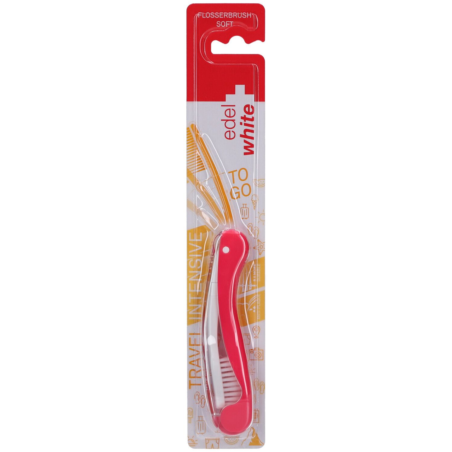 EDEL+WHITE Flosserbrush To Go Soft. Brosse à dents pliable rouge avec support de fil dentaire intégré. Dans son emballage.