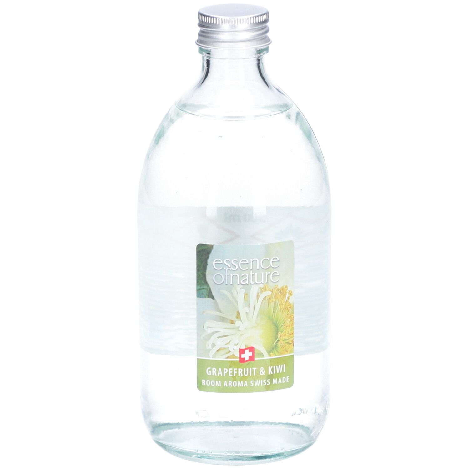 Flacon en verre avec bouchon argenté. Étiquette avec nom du produit et illustration. "Grapefruit & Kiwi" et "Room Aroma Swiss Made".