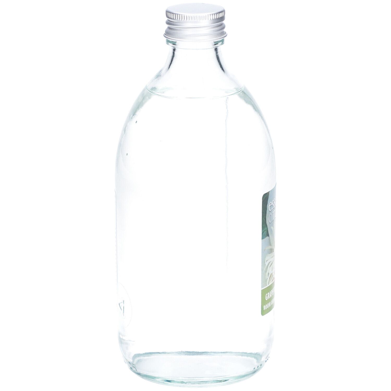 Flacon en verre avec bouchon argenté. Étiquette partiellement visible. Liquide clair. Bouteille debout.