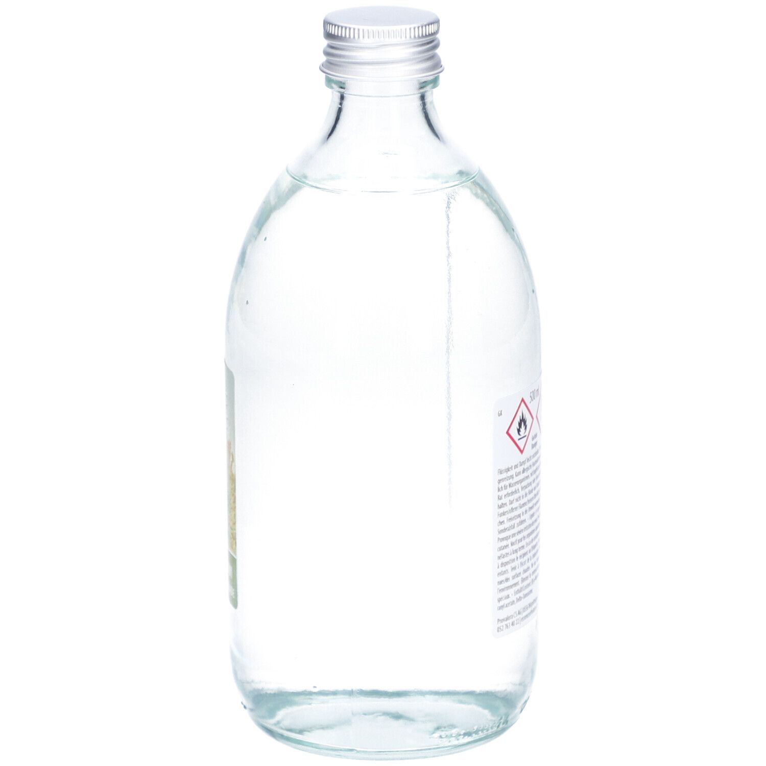 Flacon en verre avec bouchon argenté. Dos avec étiquette. Avertissements et informations sur le produit.