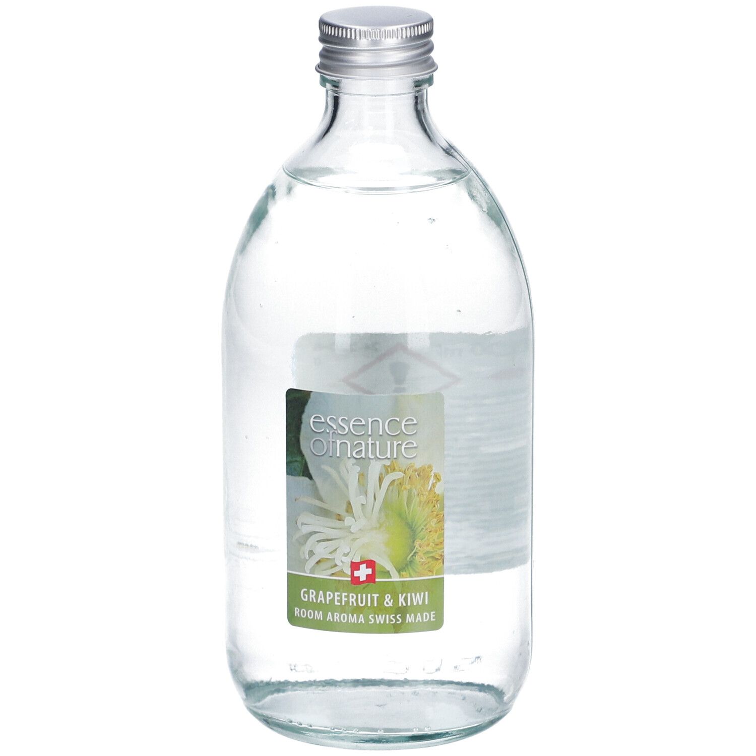 Flacon en verre avec bouchon argenté. Étiquette avec nom du produit et illustration. "Grapefruit & Kiwi" et "Room Aroma Swiss Made".
