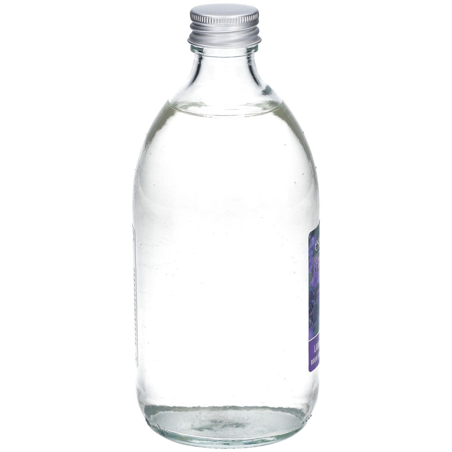 Glazen fles met zilveren dop. Etiket gedeeltelijk zichtbaar. Vloeistof binnenin.