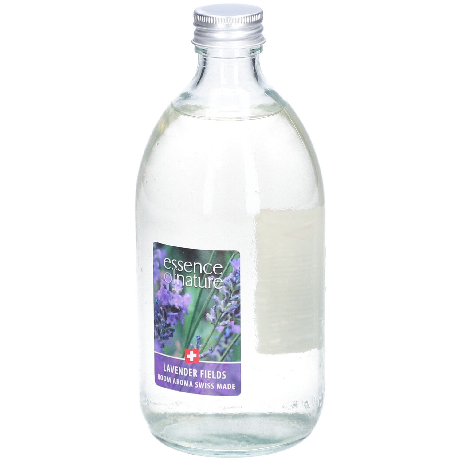 Glazen fles met zilveren dop. Etiket met lavendelafbeelding en tekst: Essence of Nature, Lavender Fields, Swiss Made.