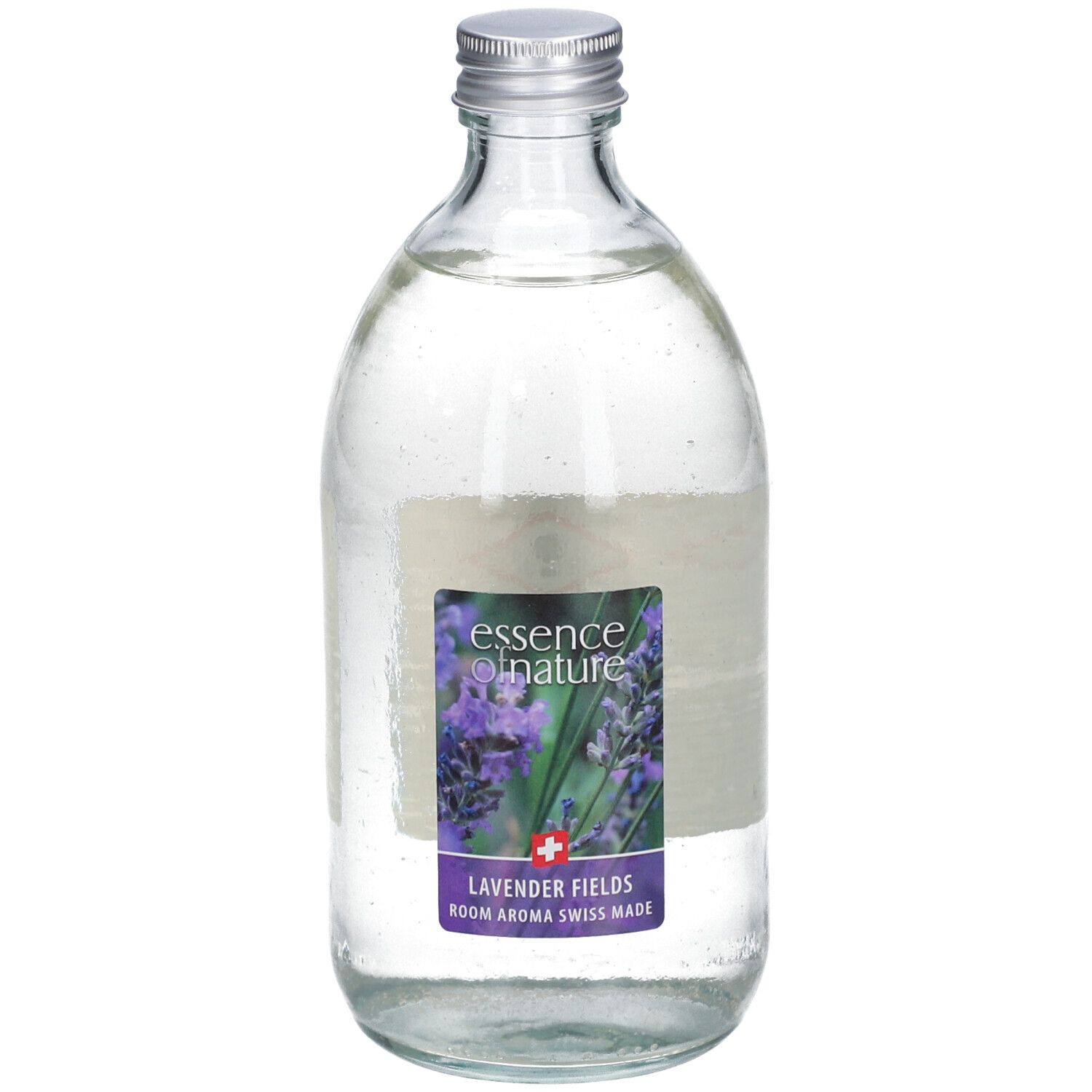 Glazen fles met zilveren dop. Etiket met lavendelafbeelding en tekst: Essence of Nature, Lavender Fields, Swiss Made.