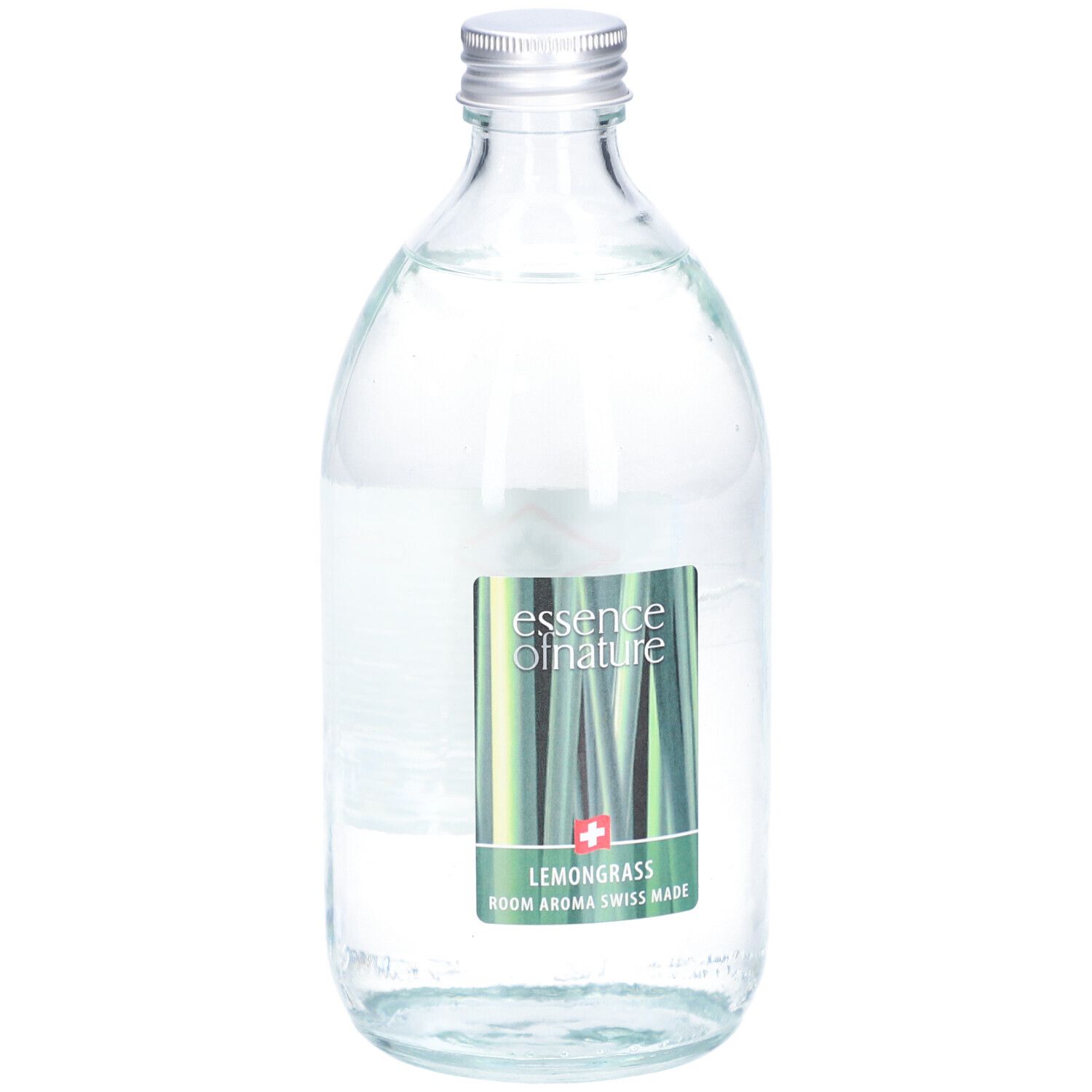 Glazen fles met zilveren dop. Etiket met productinformatie en Zwitsers kruis. Heldere inhoud.