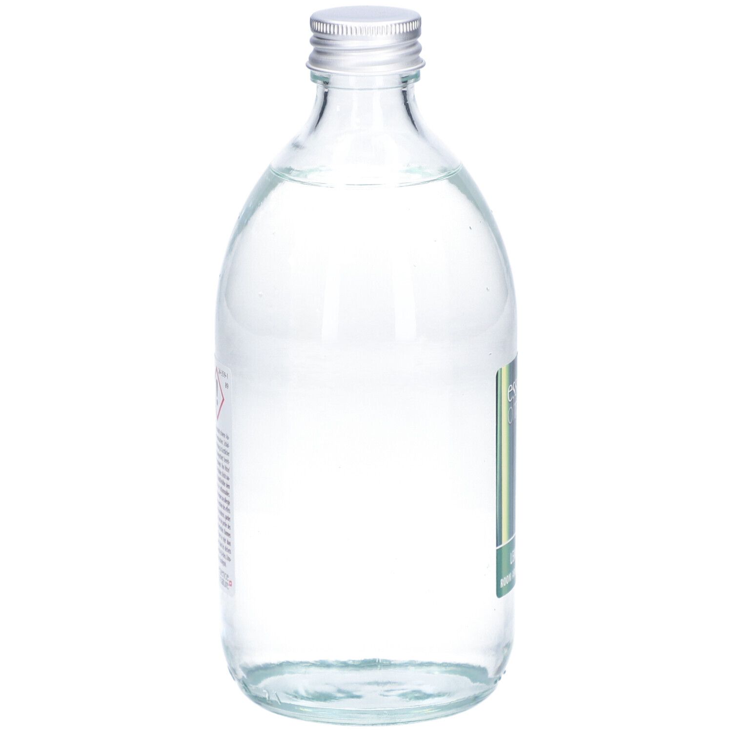 Glazen fles met zilveren dop. Achterkant met tekst en waarschuwingen. Heldere inhoud.