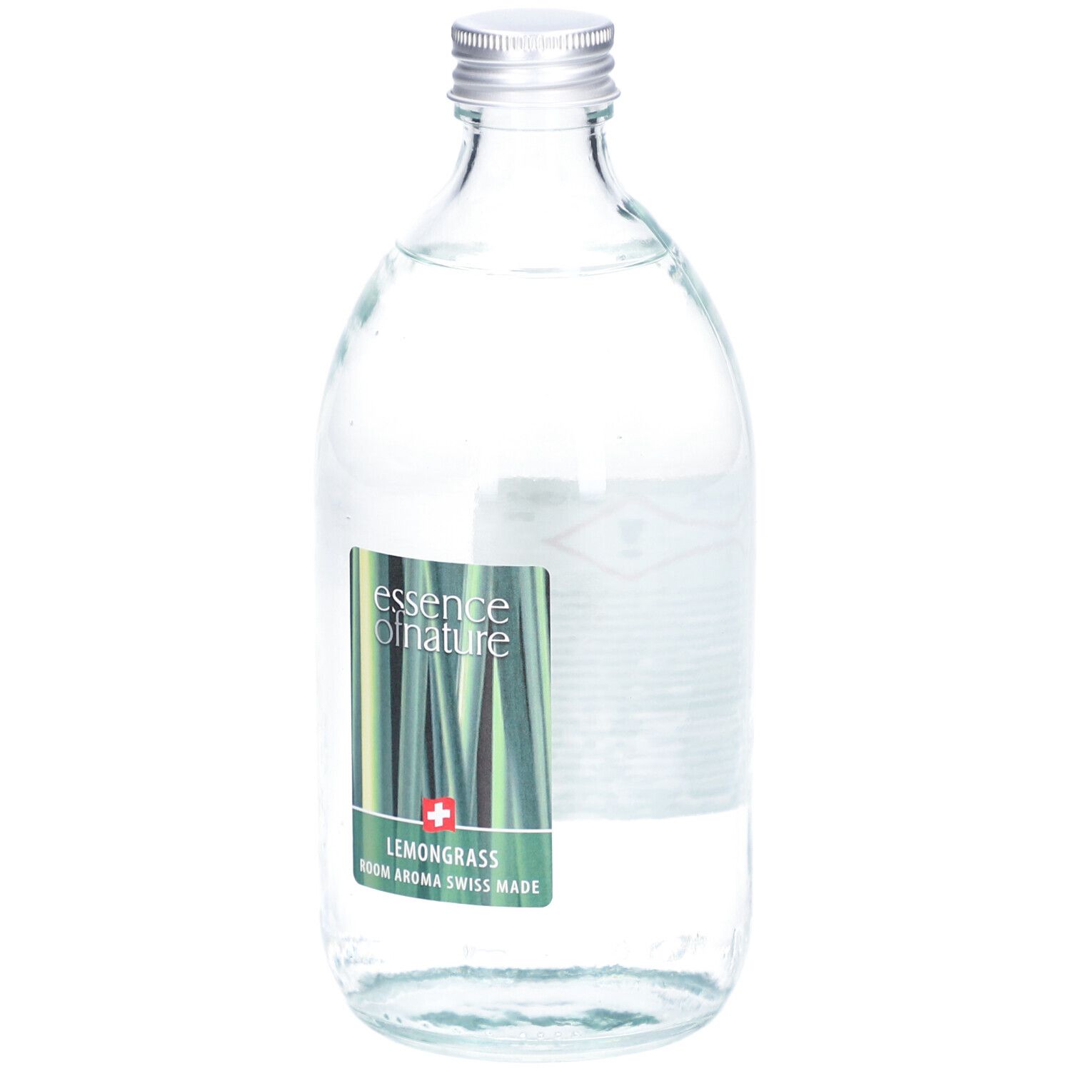 Glazen fles met zilveren dop. Etiket met productinformatie en Zwitsers kruis. Heldere inhoud.